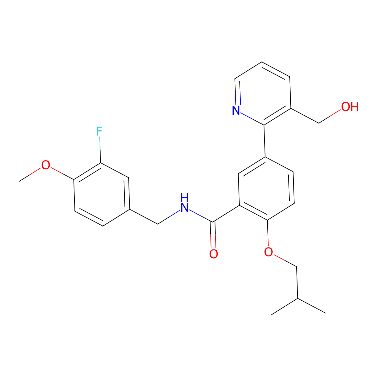 N-(3-fluoro-4-methoxybenzyl)-5-(3-(hydroxymethyl)pyridin-2-yl)-2-isobutoxybenzamide molecular structure, CAS 1804942-45-7
