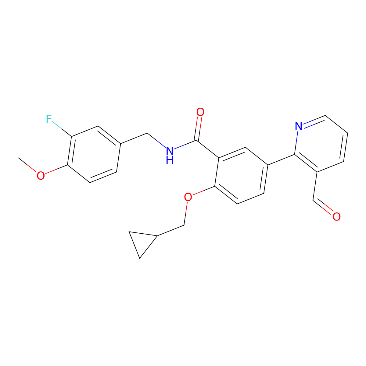 Benzamide, 2-(cyclopropylmethoxy)-N-[(3-fluoro-4-methoxyphenyl)methyl]-5-(3-formyl-2-pyridinyl)- molecular structure, CAS 1804942-72-0