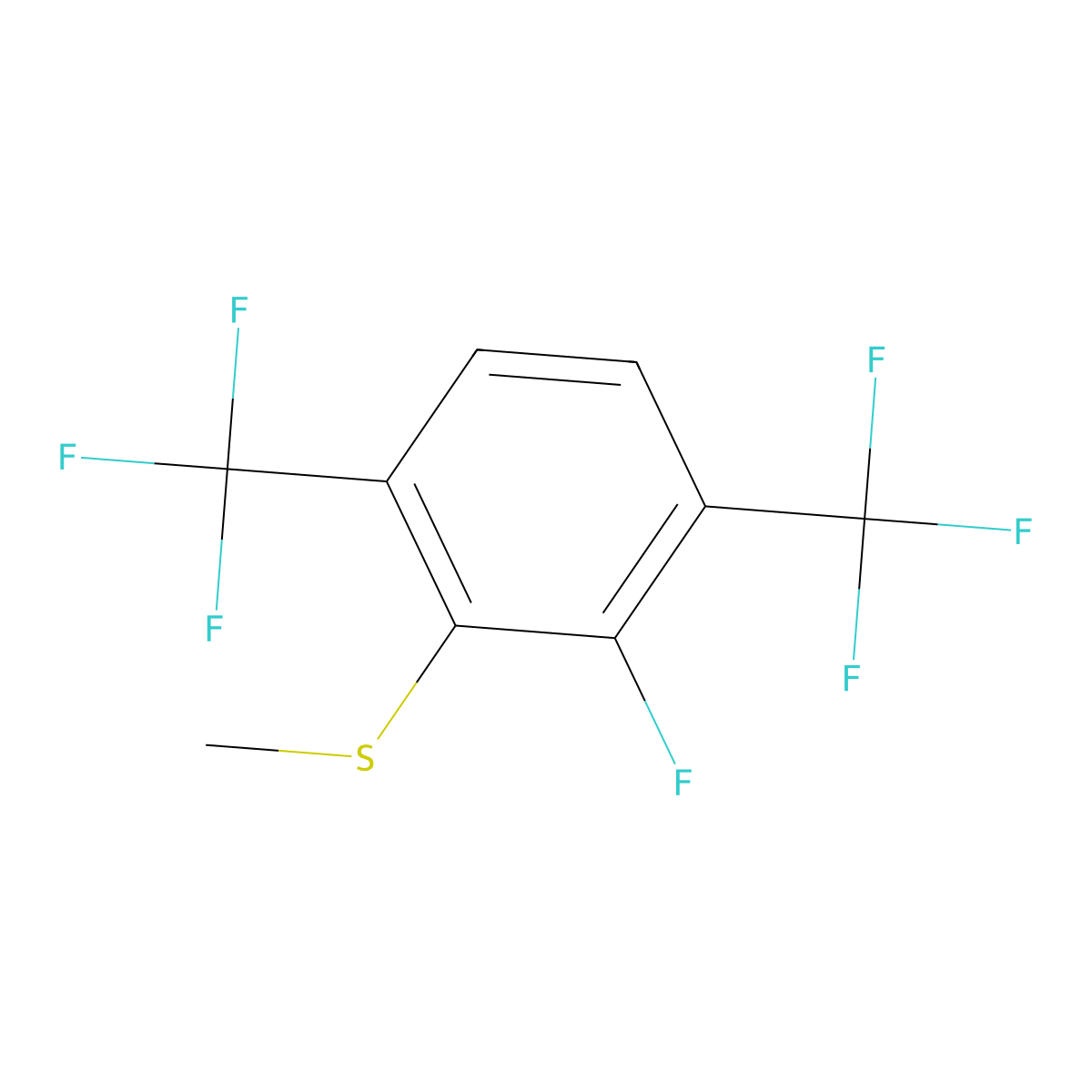 Benzene, 2-fluoro-3-(methylthio)-1,4-bis(trifluoromethyl)- molecular structure, CAS 1805596-73-9