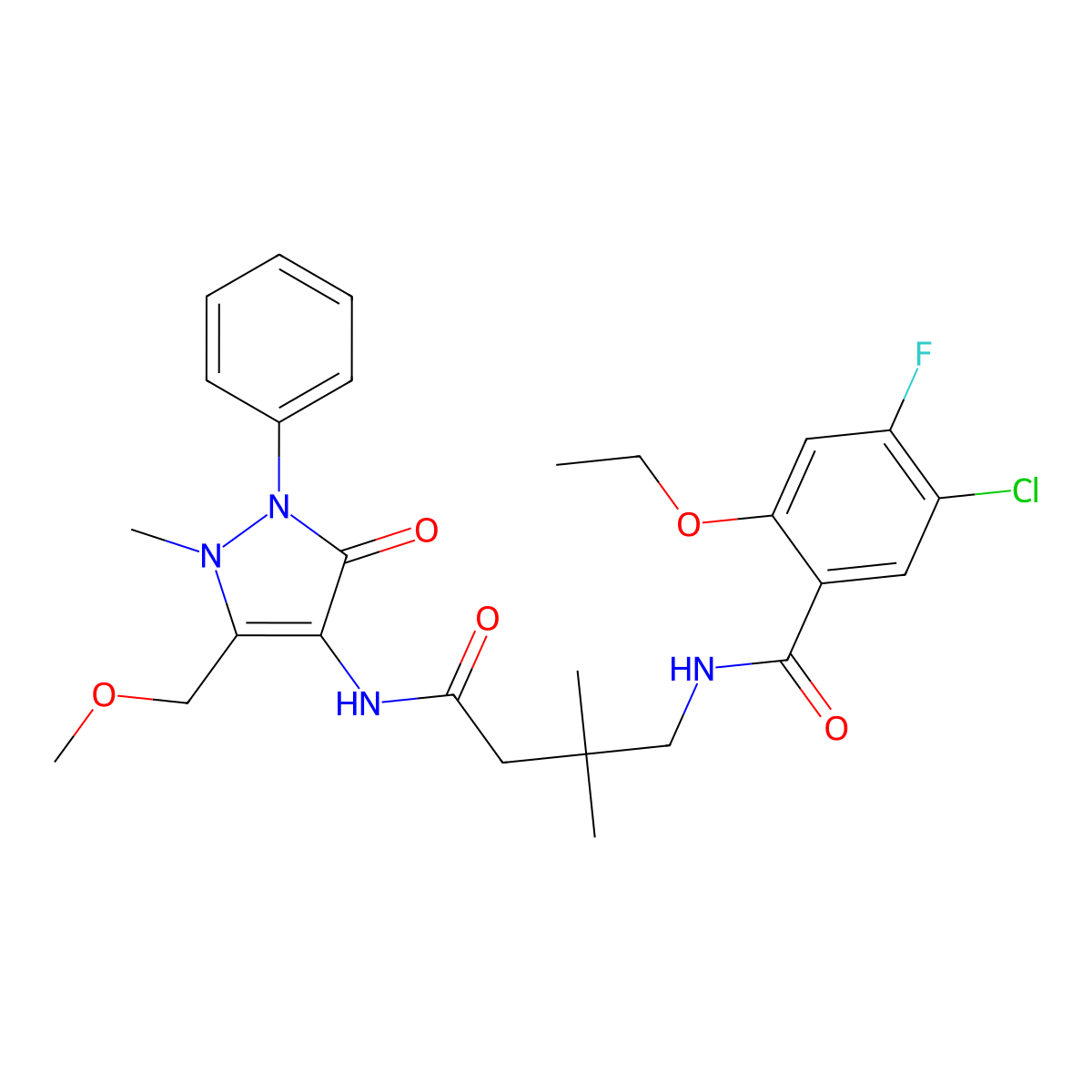 5-Chloro-2-ethoxy-4-fluoro-N-(4-((5-(methoxymethyl)-1-methyl-3-oxo-2-phenyl-2,3-dihydro-1H-pyrazol-4-yl)amino)-2,2-dimethyl-4-oxobutyl)benzamide molecular structure, CAS 1805818-06-7