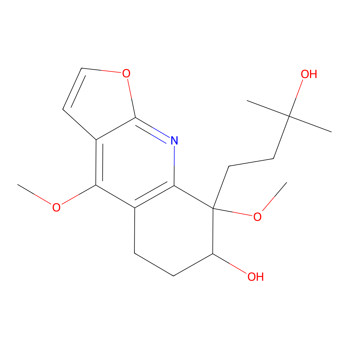 5,6,7,8-Tetrahydro-7-hydroxy-4,8-dimethoxy-alpha,alpha-dimethylfuro(2,3-b)quinoline-8-propanol molecular structure, CAS 18063-20-2