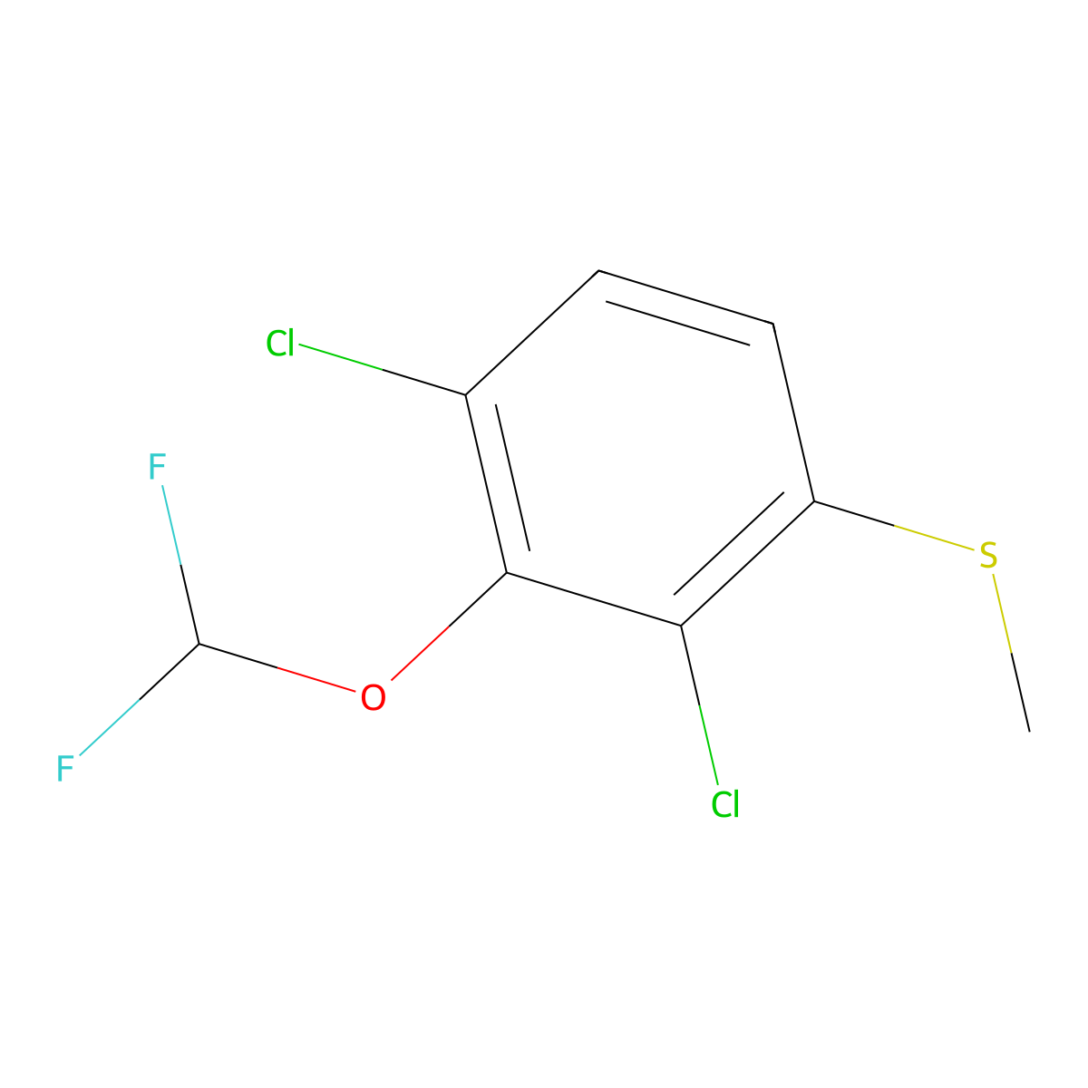 Benzene, 1,3-dichloro-2-(difluoromethoxy)-4-(methylthio)- molecular structure, CAS 1806353-39-8