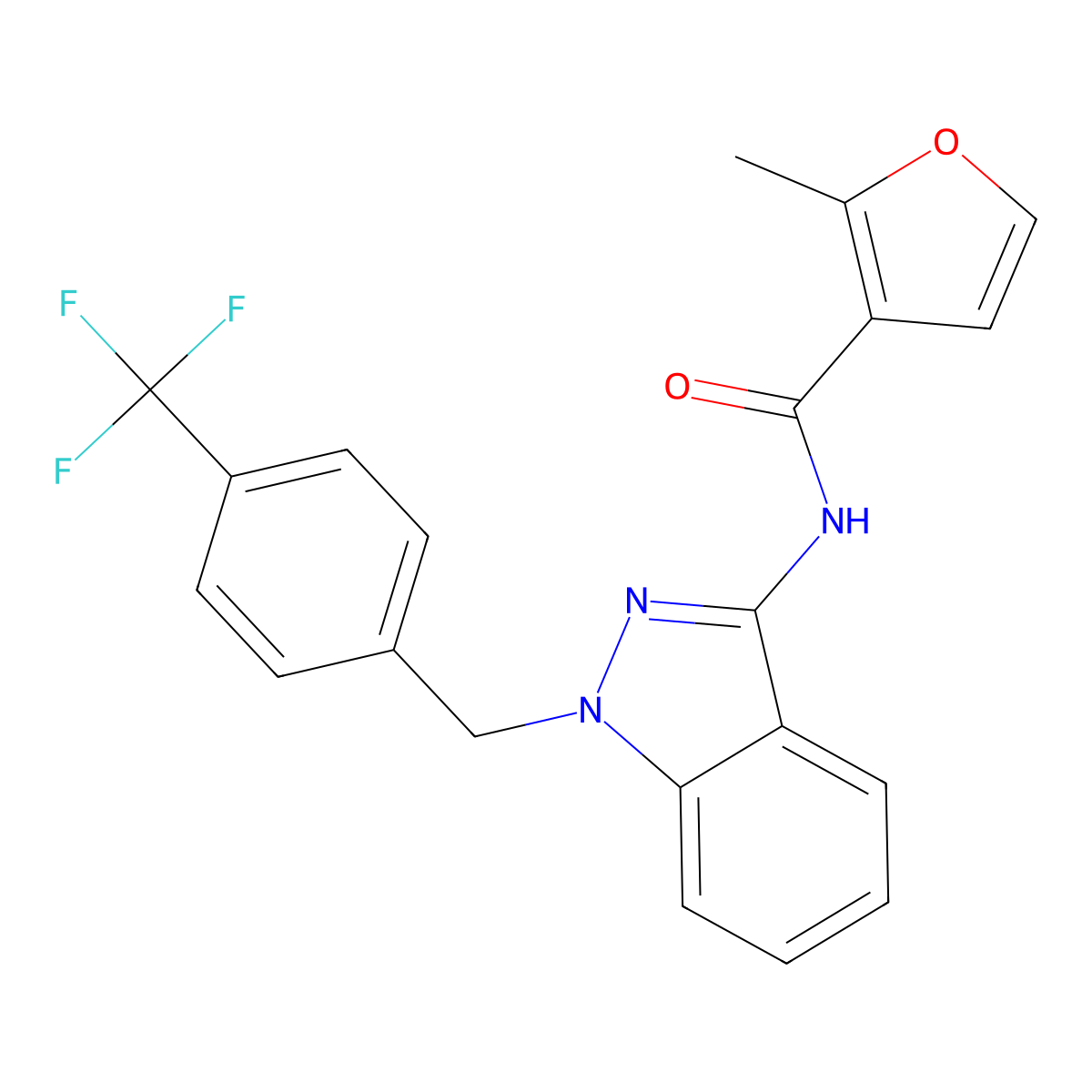 2-Methyl-N-(1-((4-(trifluoromethyl)phenyl)methyl)-1H-indazol-3-yl)-3-furancarboxamide molecular structure, CAS 1807454-59-6