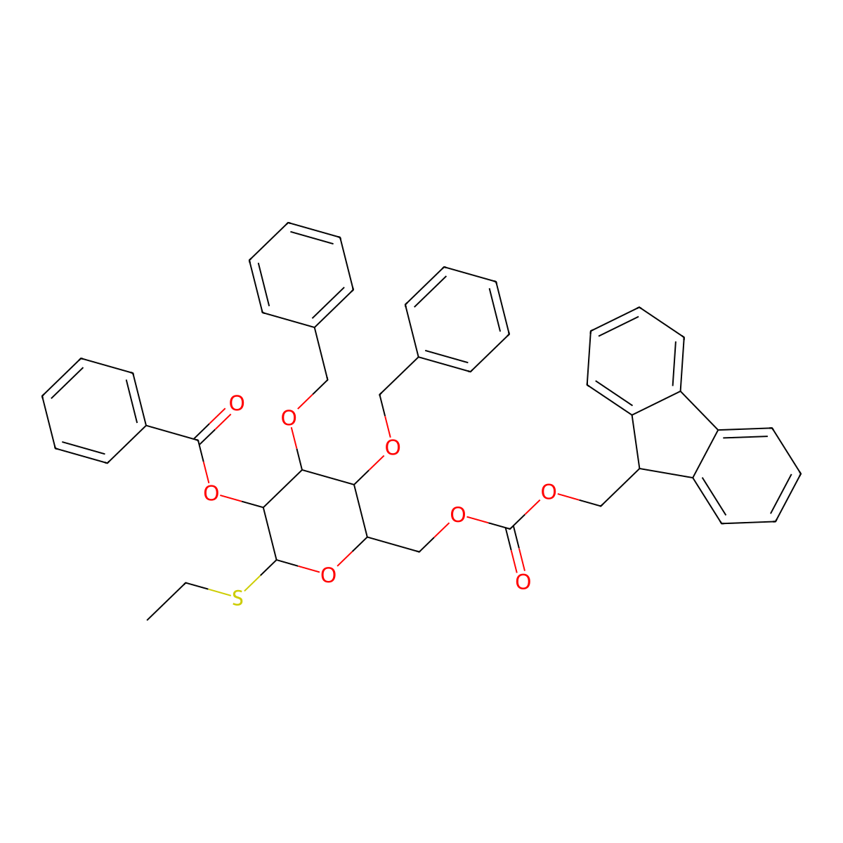(2S,3R,4S,5S,6R)-6-(((((9H-Fluoren-9-YL)methoxy)carbonyl)oxy)methyl)-4,5-bis(benzyloxy)-2-(ethylthio)tetrahydro-2H-pyran-3-YL benzoate molecular structure, CAS 1807482-16-1