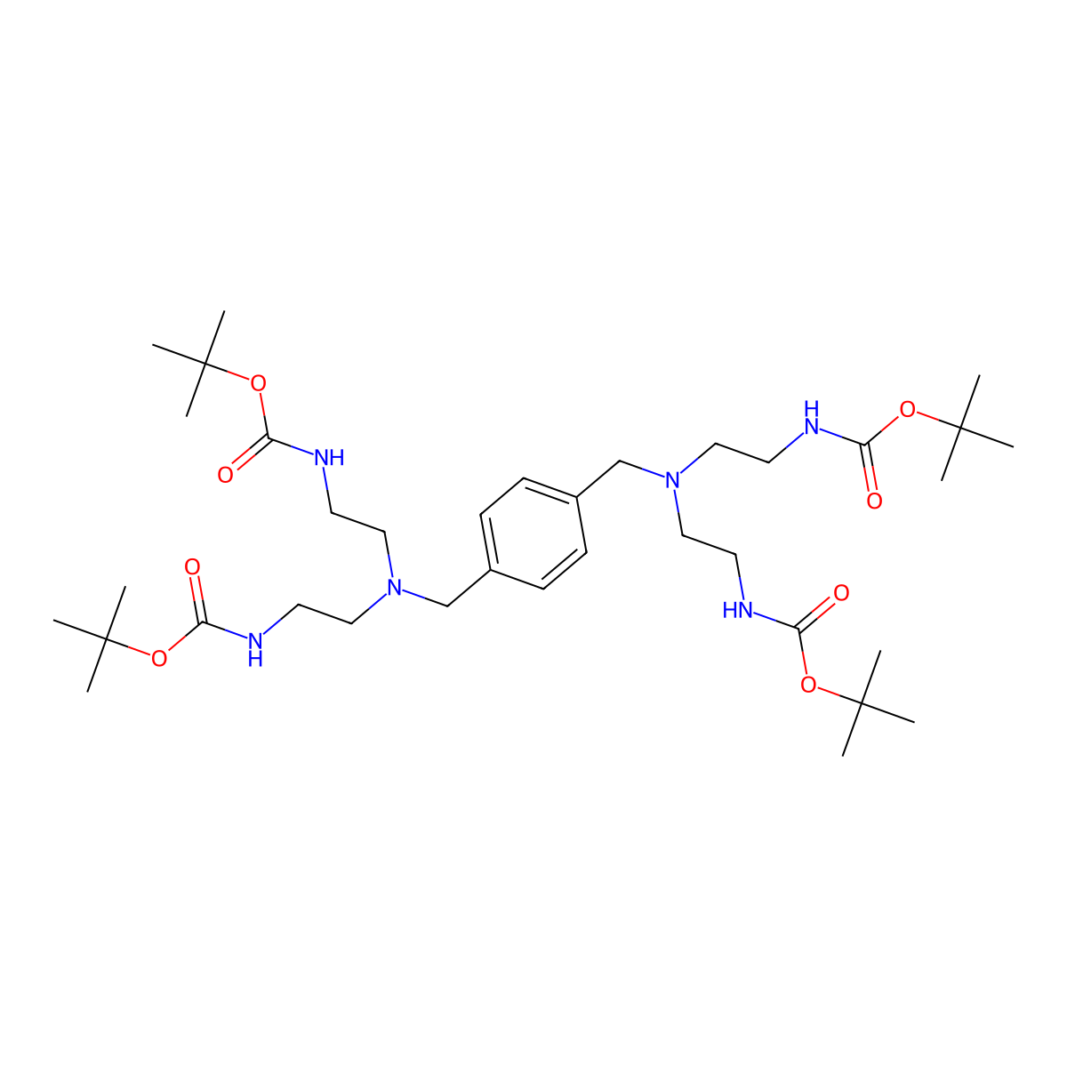 {2-[(4-{[Bis-(2-tert-butoxycarbonylamino-ethyl)-amino]-methyl}-benzyl)-(2-tert-butoxycarbonylamino-ethyl)-amino]-ethyl}-carbamic acid tert-butyl ester molecular structure, CAS 1807521-06-7