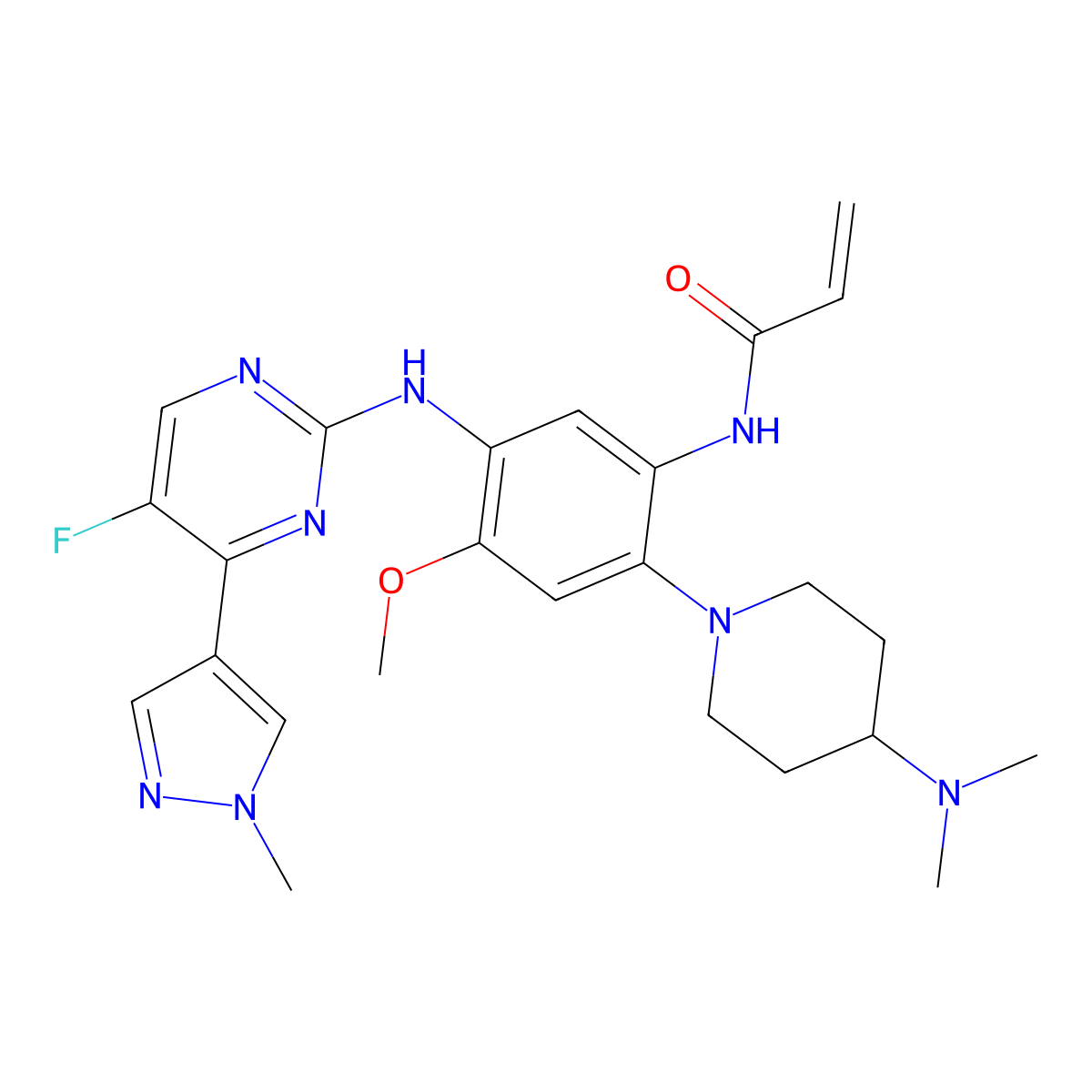 N-(2-(4-(dimethylamino)piperidin-1-yl)-5-((5-fluoro-4-(1-methyl-1H-pyrazol-4-yl)pyrimidin-2-yl)amino)-4-methoxyphenyl)acrylamide molecular structure, CAS 1807762-50-0