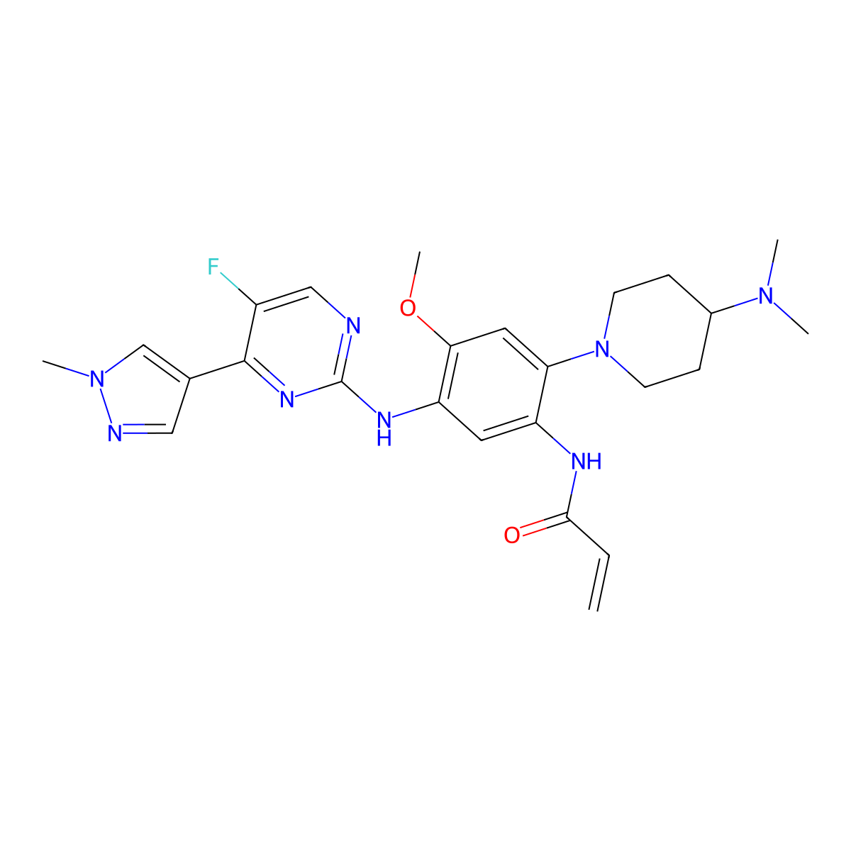 N-(2-(4-(dimethylamino)piperidin-1-yl)-5-((5-fluoro-4-(1-methyl-1H-pyrazol-4-yl)pyrimidin-2-yl)amino)-4-methoxyphenyl)acrylamide molecular structure, CAS 1807762-50-0