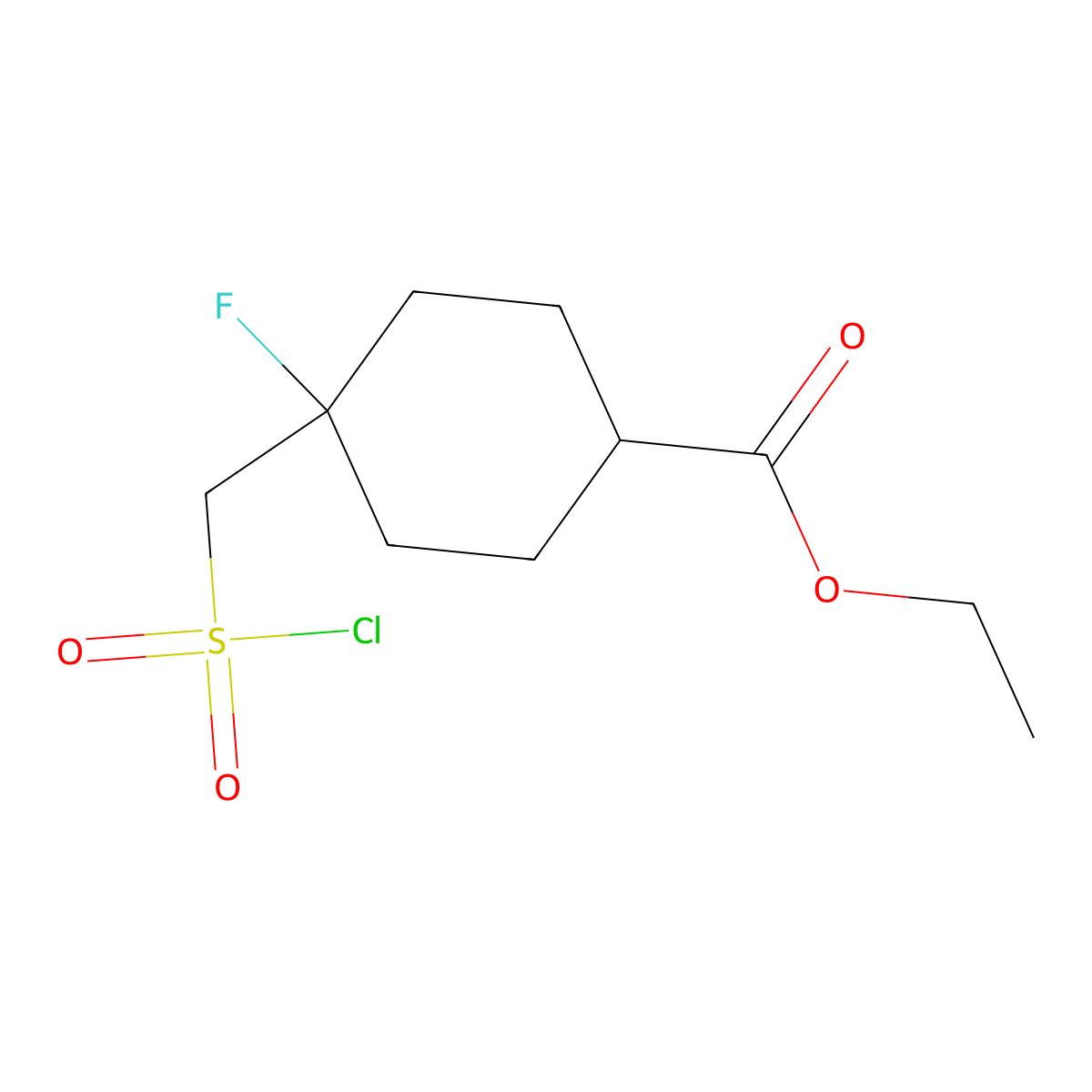 Rac-ethyl (1r,4r)-4-((chlorosulfonyl)methyl)-4-fluorocyclohexane-1-carboxylate molecular structure, CAS 1807887-98-4