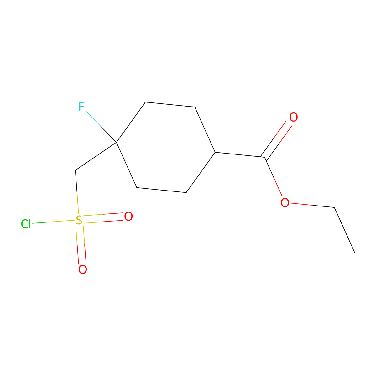 Rac-ethyl (1r,4r)-4-((chlorosulfonyl)methyl)-4-fluorocyclohexane-1-carboxylate molecular structure, CAS 1807887-98-4