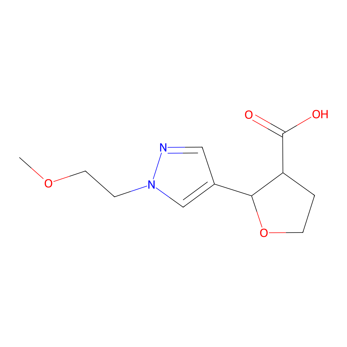 rac-(2R,3R)-2-[1-(2-methoxyethyl)-1H-pyrazol-4-yl]oxolane-3-carboxylic acid, trans molecular structure, CAS 1807895-92-6