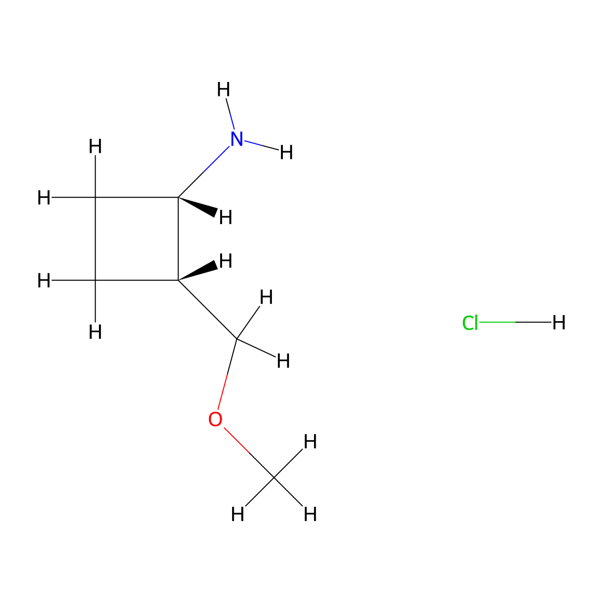 rac-(1R,2S)-2-(methoxymethyl)cyclobutan-1-amine hydrochloride, cis molecular structure, CAS 1807901-58-1