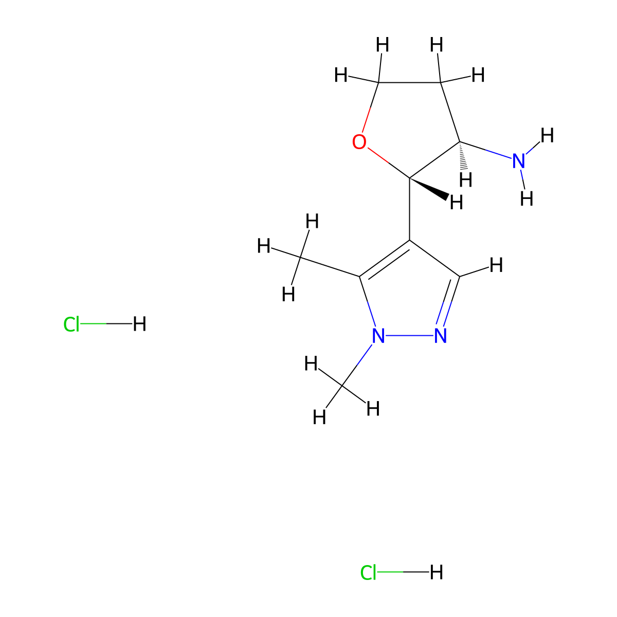 rac-(2R,3S)-2-(1,5-dimethyl-1H-pyrazol-4-yl)oxolan-3-amine dihydrochloride molecular structure, CAS 1807914-28-8