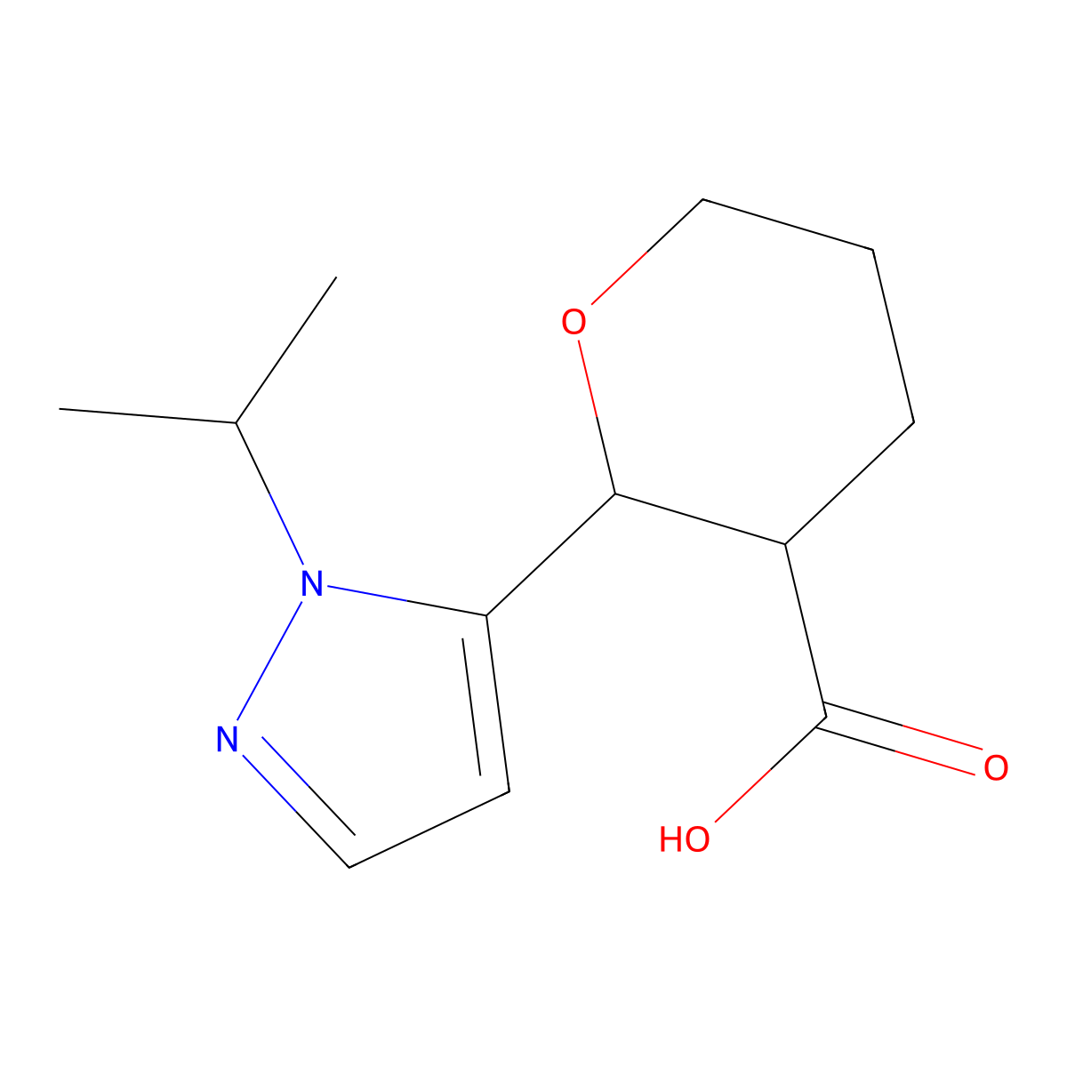 rac-(2R,3R)-2-[1-(propan-2-yl)-1H-pyrazol-5-yl]oxane-3-carboxylic acid molecular structure, CAS 1807914-40-4