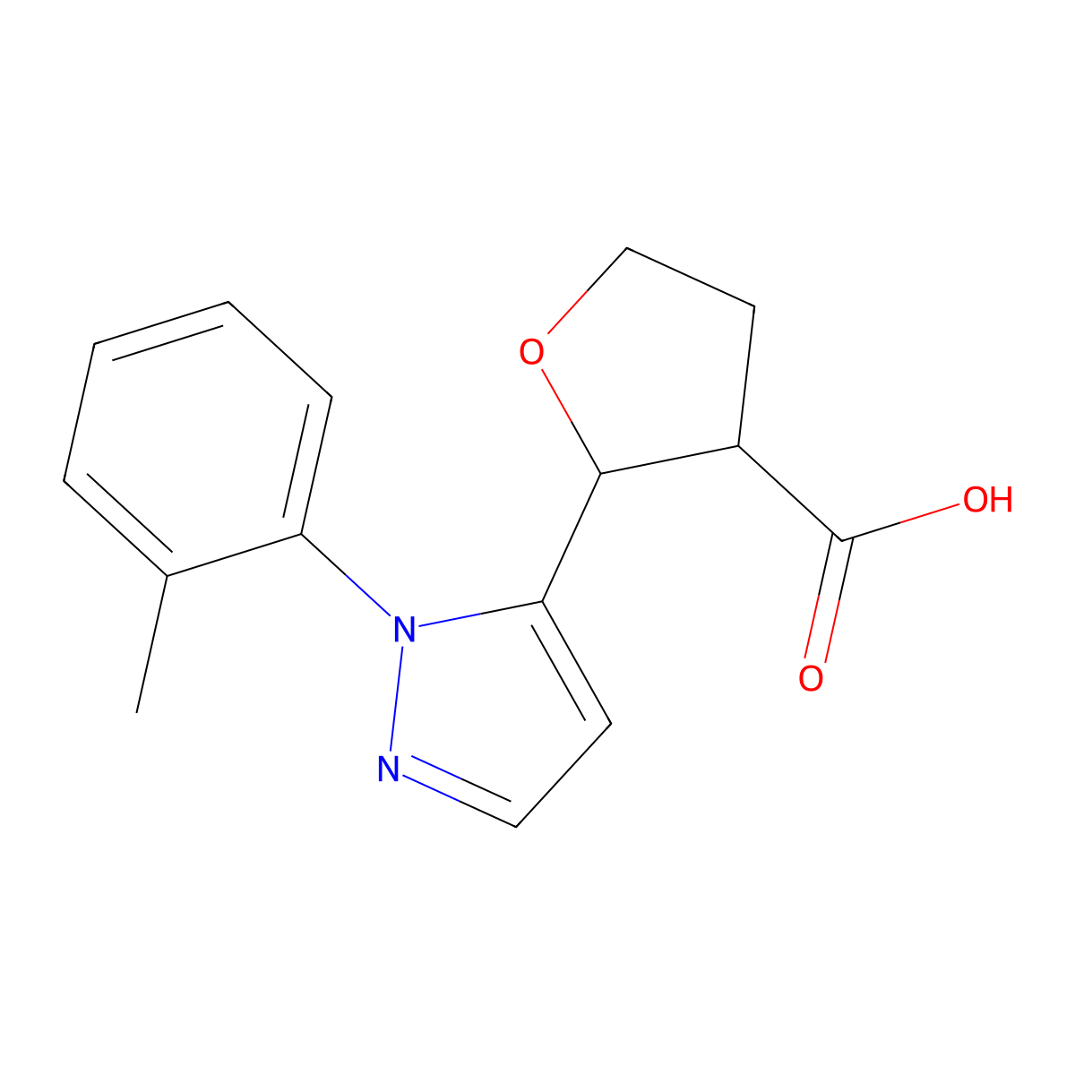 rac-(2R,3R)-2-[1-(2-methylphenyl)-1H-pyrazol-5-yl]oxolane-3-carboxylic acid molecular structure, CAS 1807920-94-0