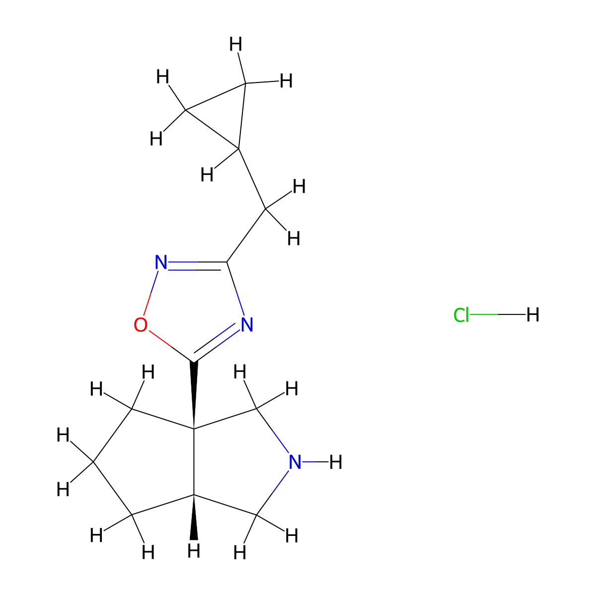 rac-5-[(3aR,6aR)-octahydrocyclopenta[c]pyrrol-3a-yl]-3-(cyclopropylmethyl)-1,2,4-oxadiazole hydrochloride, cis molecular structure, CAS 1807921-07-8