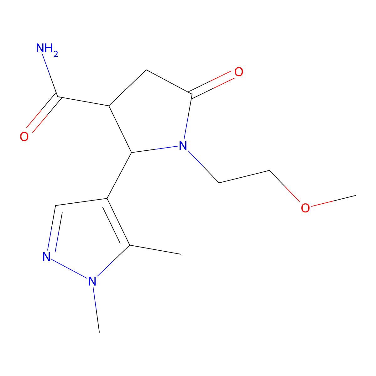rac-(2R,3R)-2-(1,5-dimethyl-1H-pyrazol-4-yl)-1-(2-methoxyethyl)-5-oxopyrrolidine-3-carboxamide molecular structure, CAS 1807921-10-3