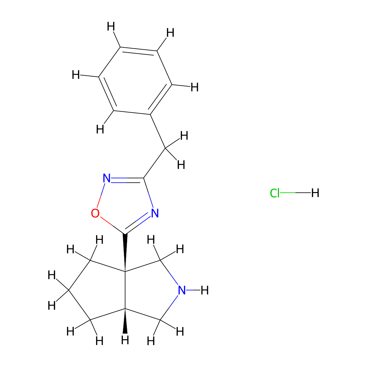 Rac-5-[(3aR,6aR)-octahydrocyclopenta[c]pyrrol-3a-yl]-3-benzyl-1,2,4-oxadiazole hydrochloride molecular structure, CAS 1807937-76-3
