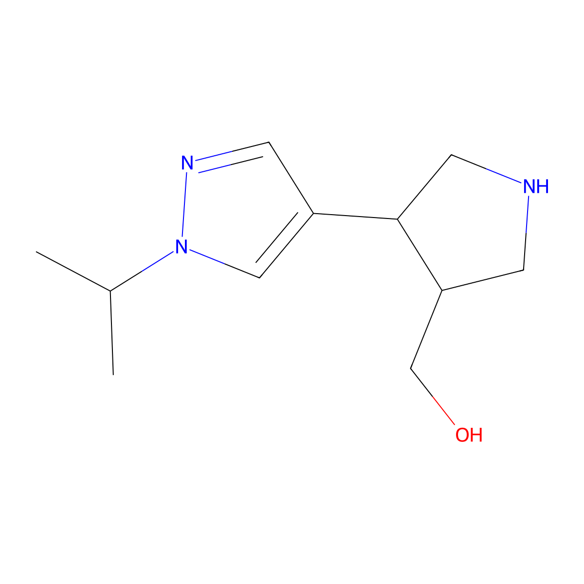 rac-((3R,4S)-4-(1-(propan-2-yl)-1H-pyrazol-4-yl)pyrrolidin-3-yl)methanol molecular structure, CAS 1807937-97-8