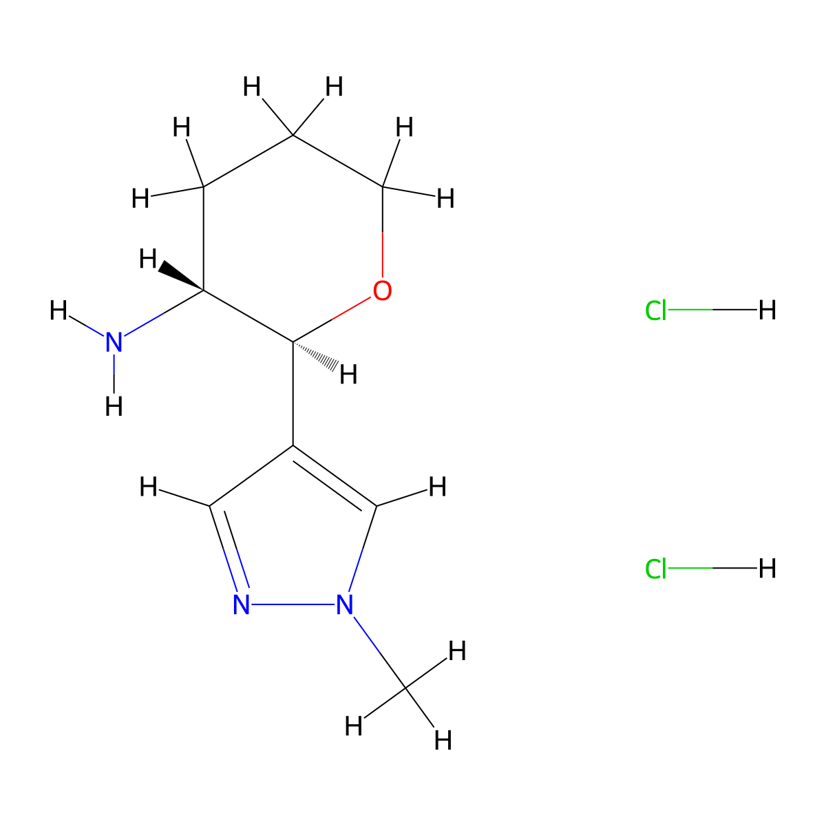 rac-(2R,3S)-2-(1-methyl-1H-pyrazol-4-yl)oxan-3-amine dihydrochloride, trans molecular structure, CAS 1807938-06-2