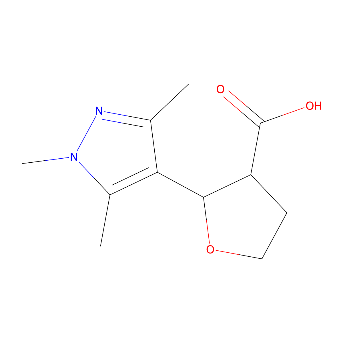 rac-(2R,3R)-2-(trimethyl-1H-pyrazol-4-yl)oxolane-3-carboxylic acid, trans molecular structure, CAS 1807939-18-9
