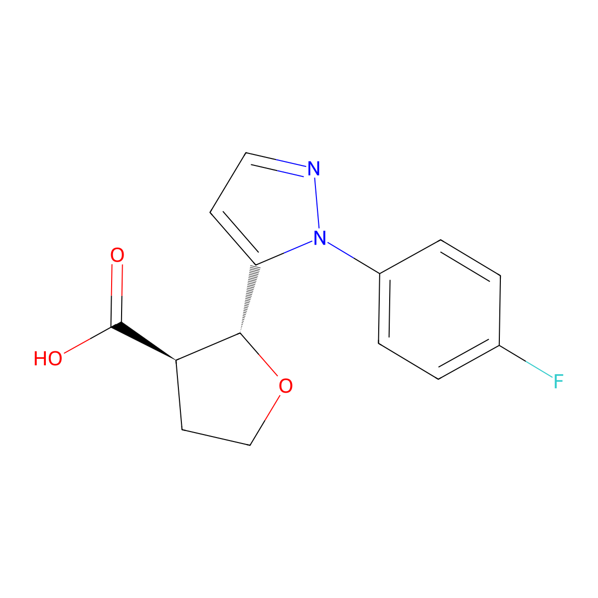 rac-(2R,3R)-2-(1-(4-fluorophenyl)-1H-pyrazol-5-yl)oxolane-3-carboxylic acid molecular structure, CAS 1807939-28-1