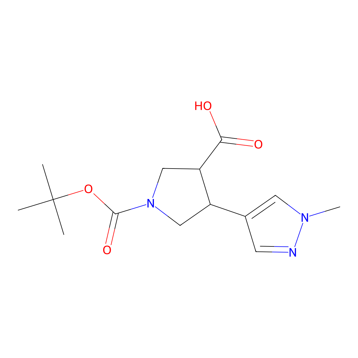 rac-(3R,4S)-1-[(tert-butoxy)carbonyl]-4-(1-methyl-1H-pyrazol-4-yl)pyrrolidine-3-carboxylic acid molecular structure, CAS 1807939-35-0