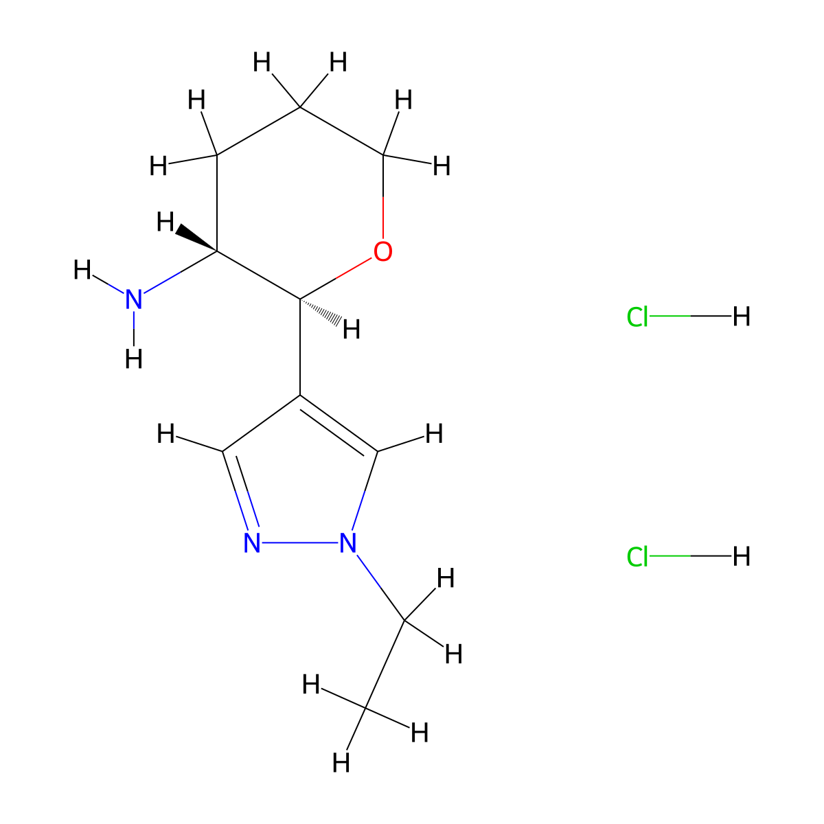 rac-(2R,3S)-2-(1-ethyl-1H-pyrazol-4-yl)oxan-3-amine dihydrochloride, trans molecular structure, CAS 1807940-07-3