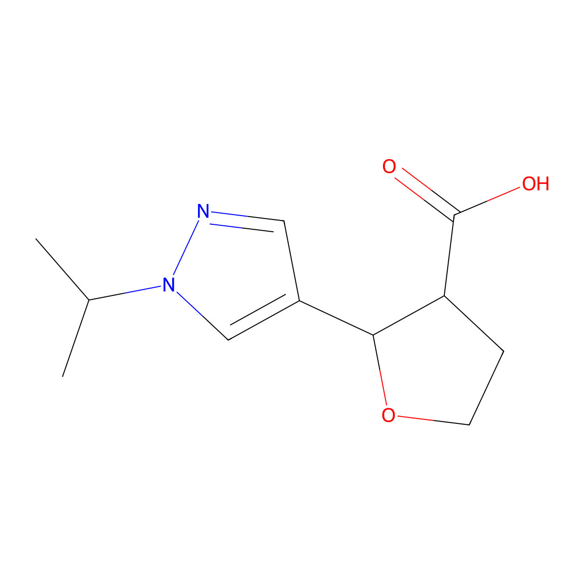rac-(2R,3R)-2-[1-(propan-2-yl)-1H-pyrazol-4-yl]oxolane-3-carboxylic acid, trans molecular structure, CAS 1807940-29-9