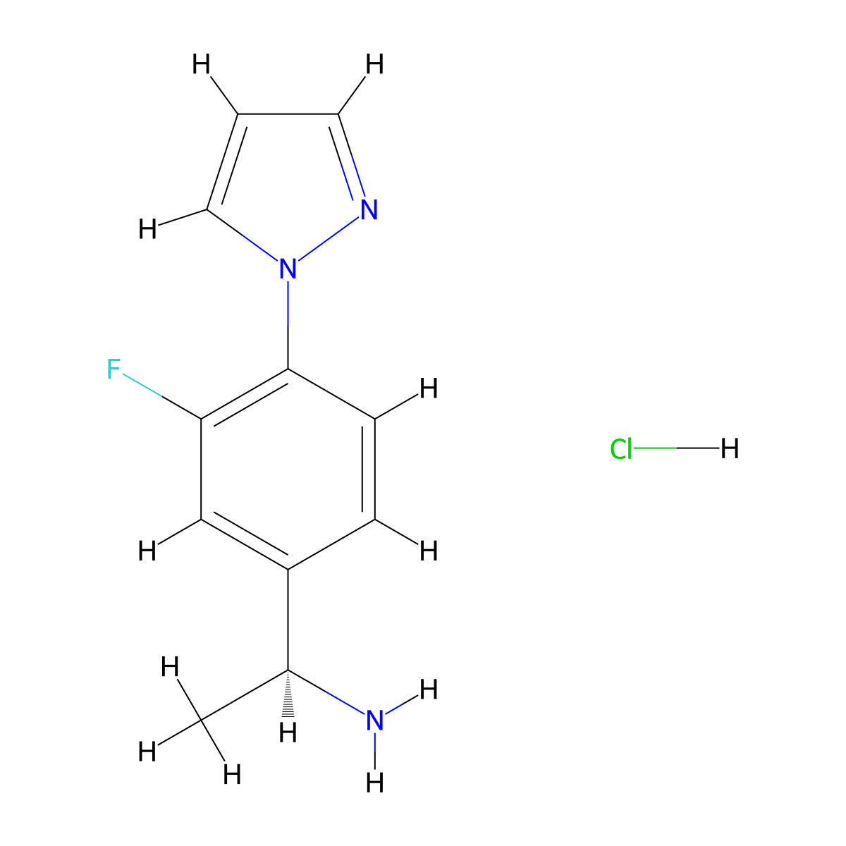 (1S)-1-[3-fluoro-4-(1H-pyrazol-1-yl)phenyl]ethan-1-amine hydrochloride molecular structure, CAS 1807941-00-9