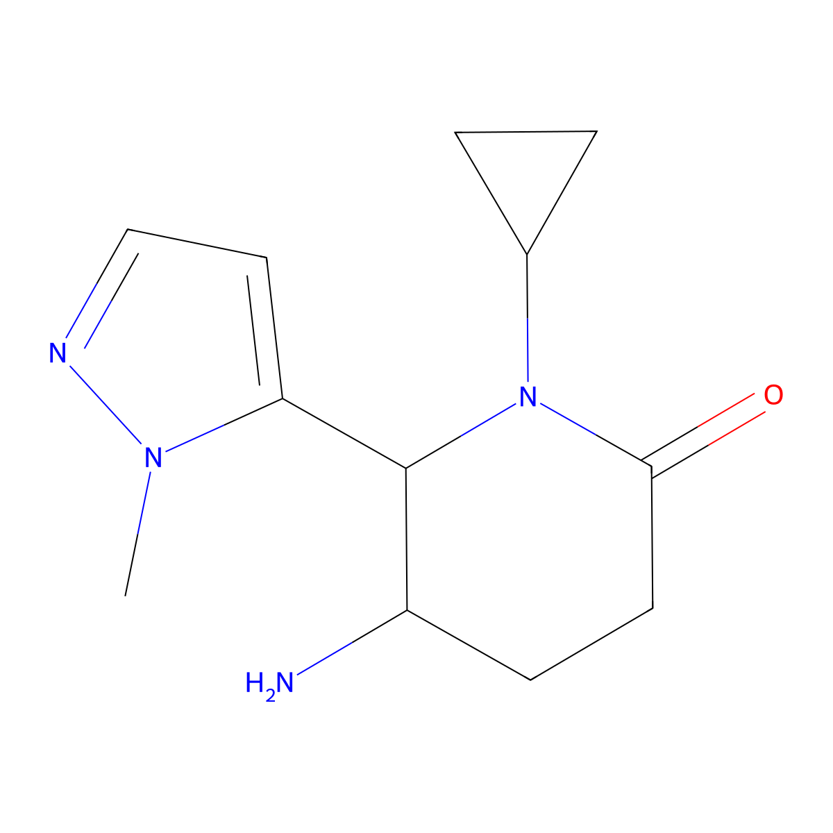 rac-(5R,6R)-5-amino-1-cyclopropyl-6-(1-methyl-1H-pyrazol-5-yl)piperidin-2-one, trans molecular structure, CAS 1807941-20-3