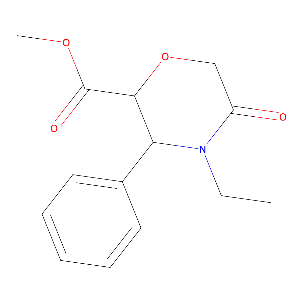 rac-methyl (2R,3S)-4-ethyl-5-oxo-3-phenylmorpholine-2-carboxylate, trans molecular structure, CAS 1807941-63-4