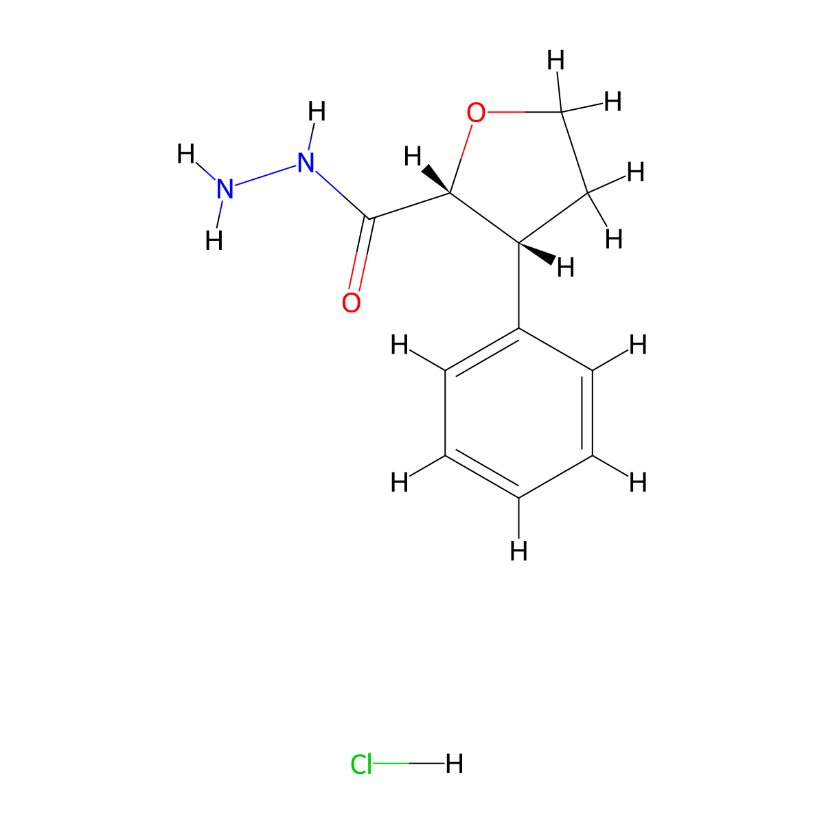 Rel-(2R,3R)-3-phenyltetrahydrofuran-2-carbohydrazide hydrochloride molecular structure, CAS 1807941-91-8