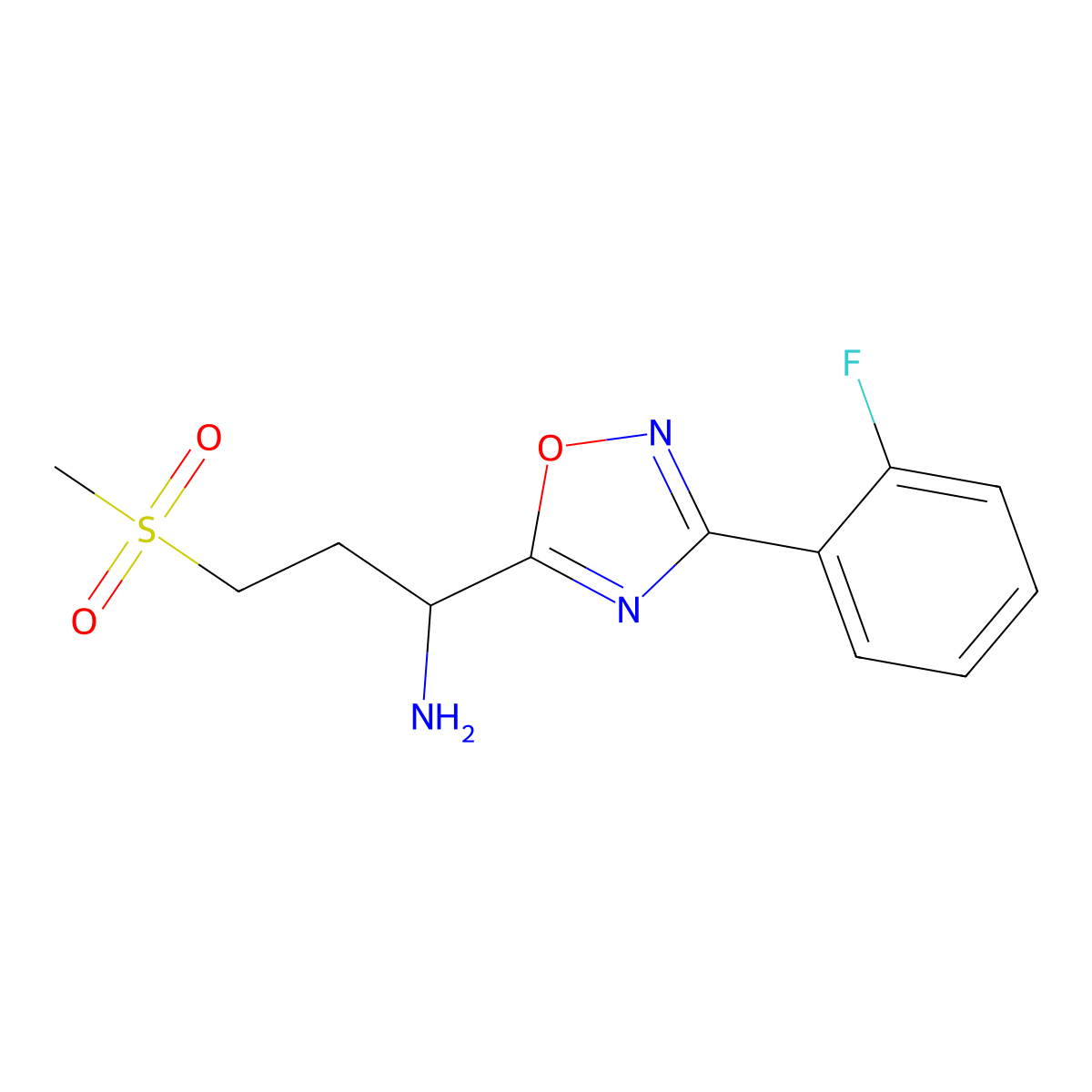 1-[3-(2-Fluorophenyl)-1,2,4-oxadiazol-5-yl]-3-(methylsulfonyl)propan-1-amine molecular structure, CAS 1807977-39-4