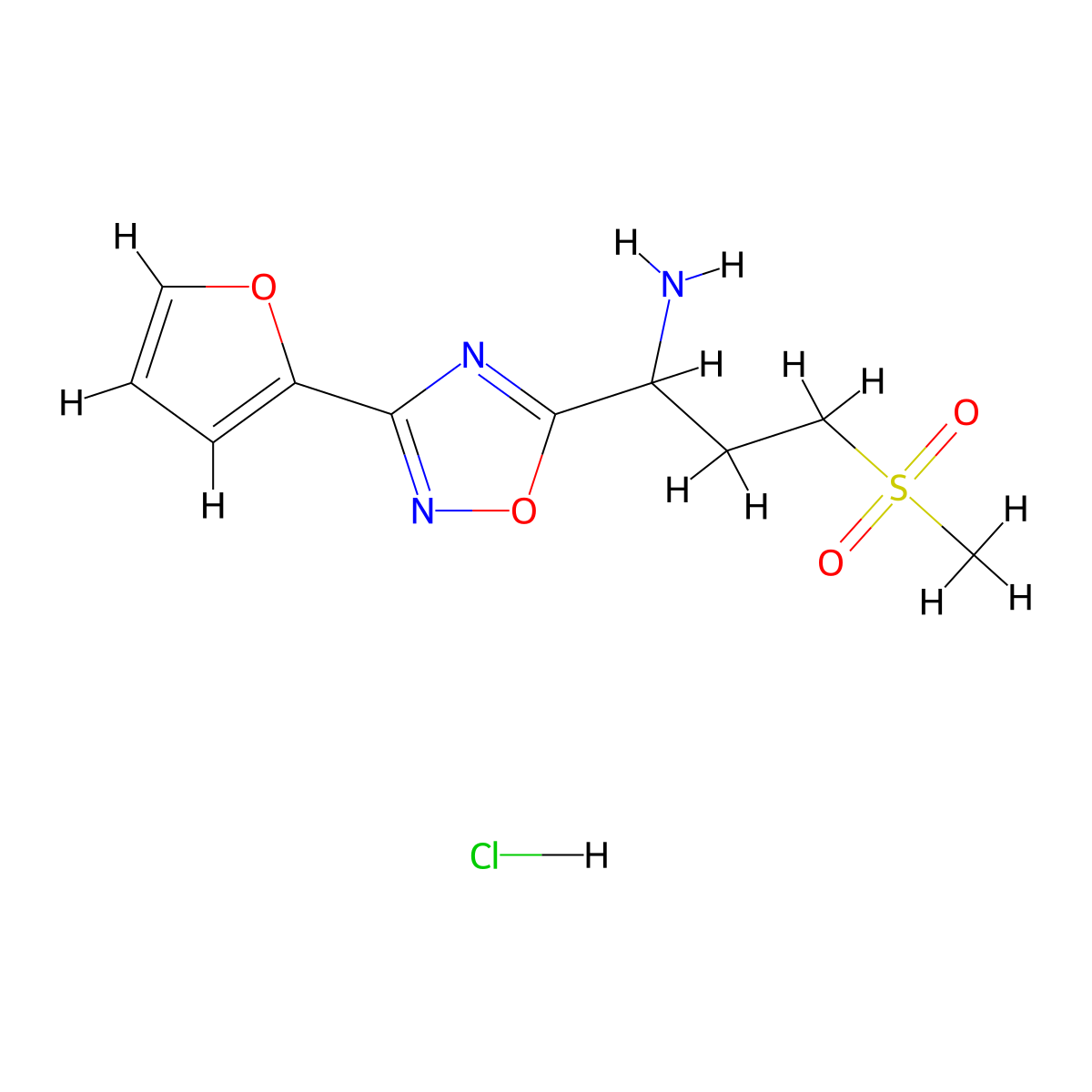 1-(3-(Furan-2-yl)-1,2,4-oxadiazol-5-yl)-3-(methylsulfonyl)propan-1-amine hydrochloride molecular structure, CAS 1807977-52-1