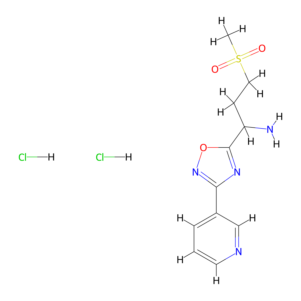 3-(Methylsulfonyl)-1-(3-(pyridin-3-yl)-1,2,4-oxadiazol-5-yl)propan-1-amine dihydrochloride molecular structure, CAS 1807979-89-0