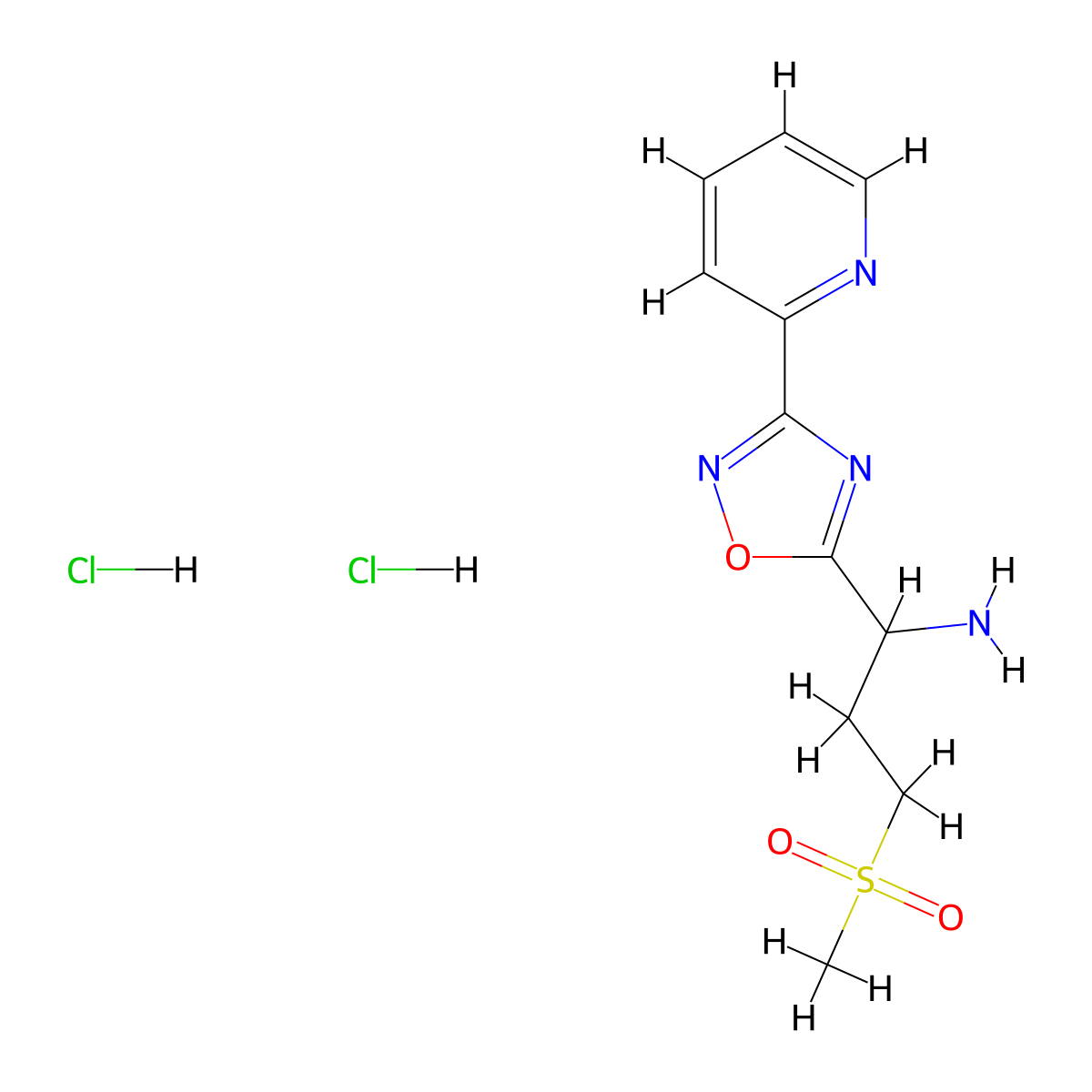 3-(Methylsulfonyl)-1-(3-(pyridin-2-yl)-1,2,4-oxadiazol-5-yl)propan-1-amine dihydrochloride molecular structure, CAS 1807979-94-7