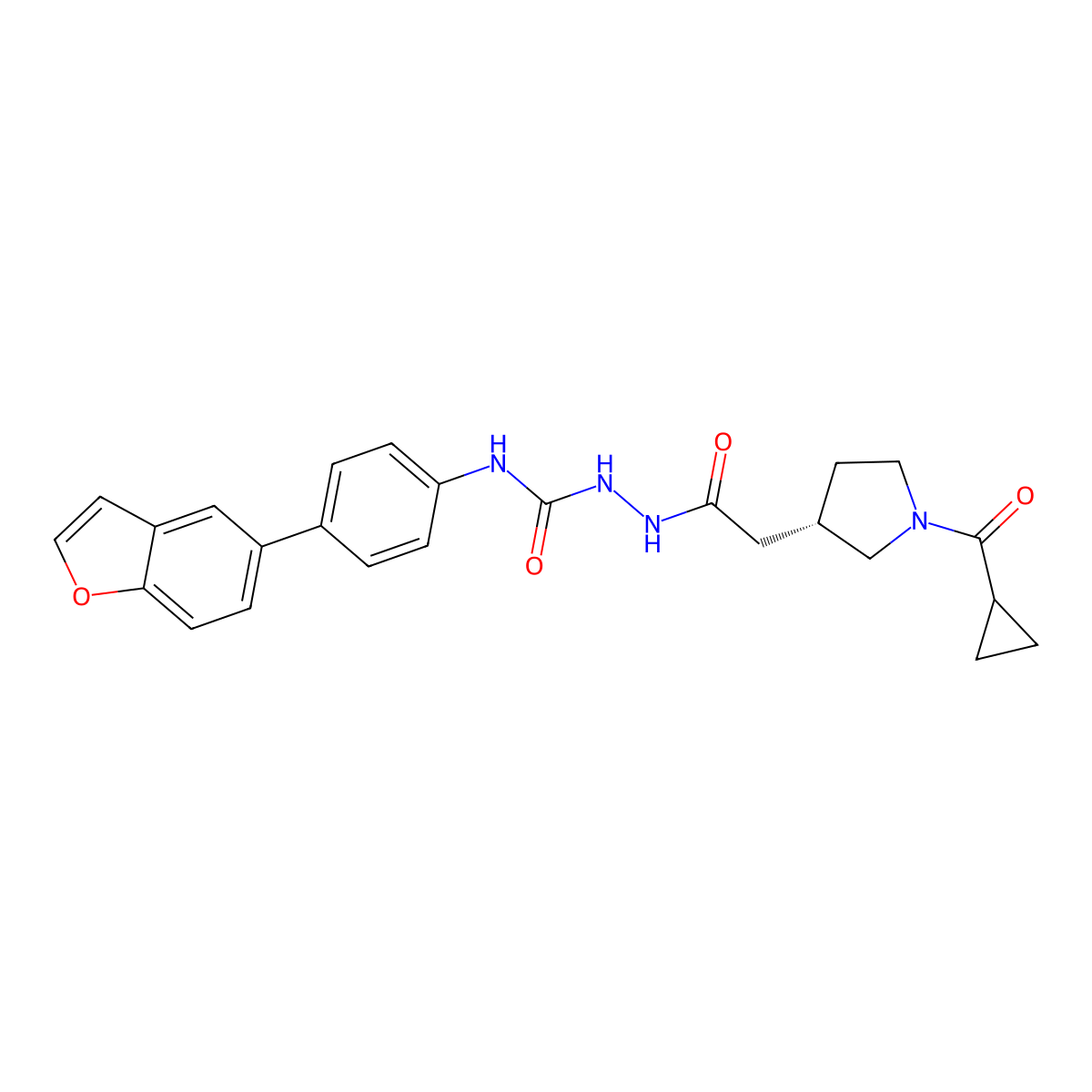 (S)-N-(4-(benzofuran-5-yl)phenyl)-2-(2-(1-(cyclopropanecarbonyl)pyrrolidin-3-yl)acetyl)hydrazine-1-carboxamide molecular structure, CAS 1807981-95-8