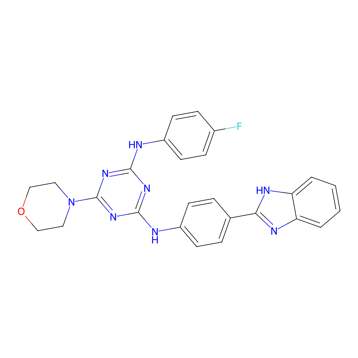 N2-(4-(1H-benzo[d]imidazol-2-yl)phenyl)-N4-(4-fluorophenyl)-6-morpholino-1,3,5-triazine-2,4-diamine molecular structure, CAS 1807988-47-1