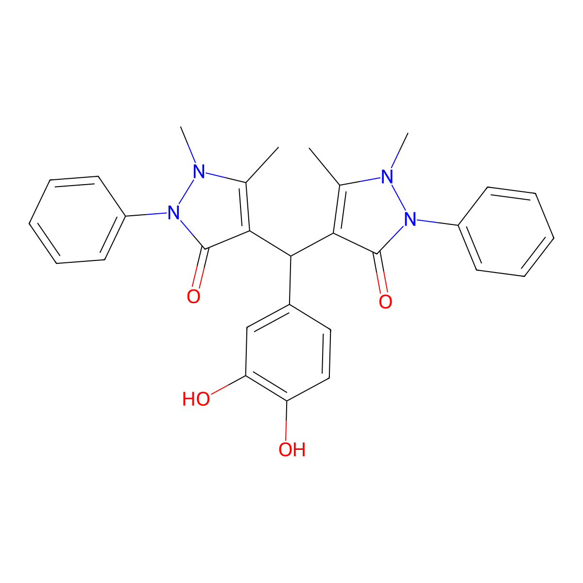 4-[(3,4-Dihydroxyphenyl)-(1,5-dimethyl-3-oxo-2-phenylpyrazol-4-yl)methyl]-1,5-dimethyl-2-phenylpyrazol-3-one molecular structure, CAS 1808-50-0