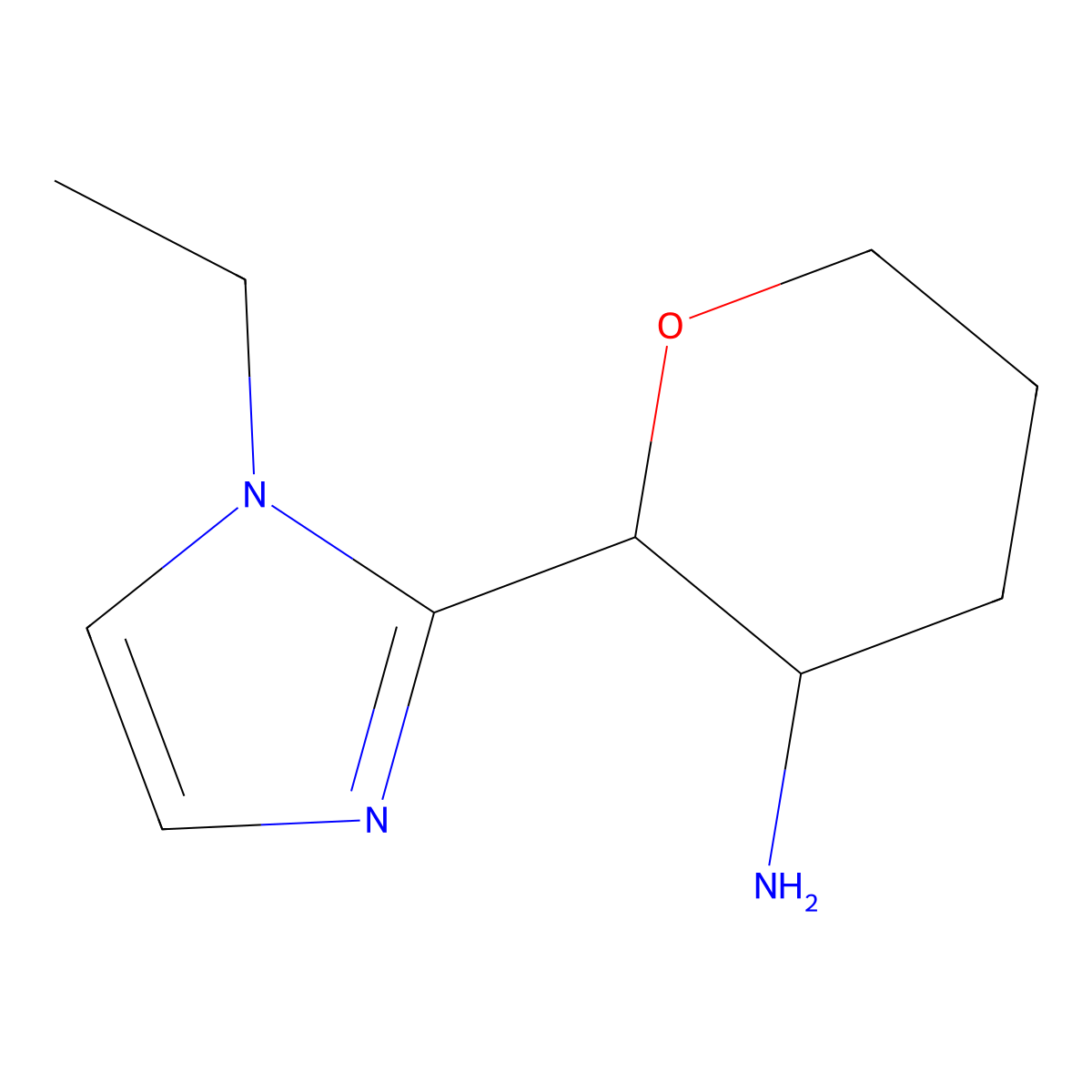 rac-(2R,3R)-2-(1-ethyl-1H-imidazol-2-yl)oxan-3-amine molecular structure, CAS 1808068-31-6