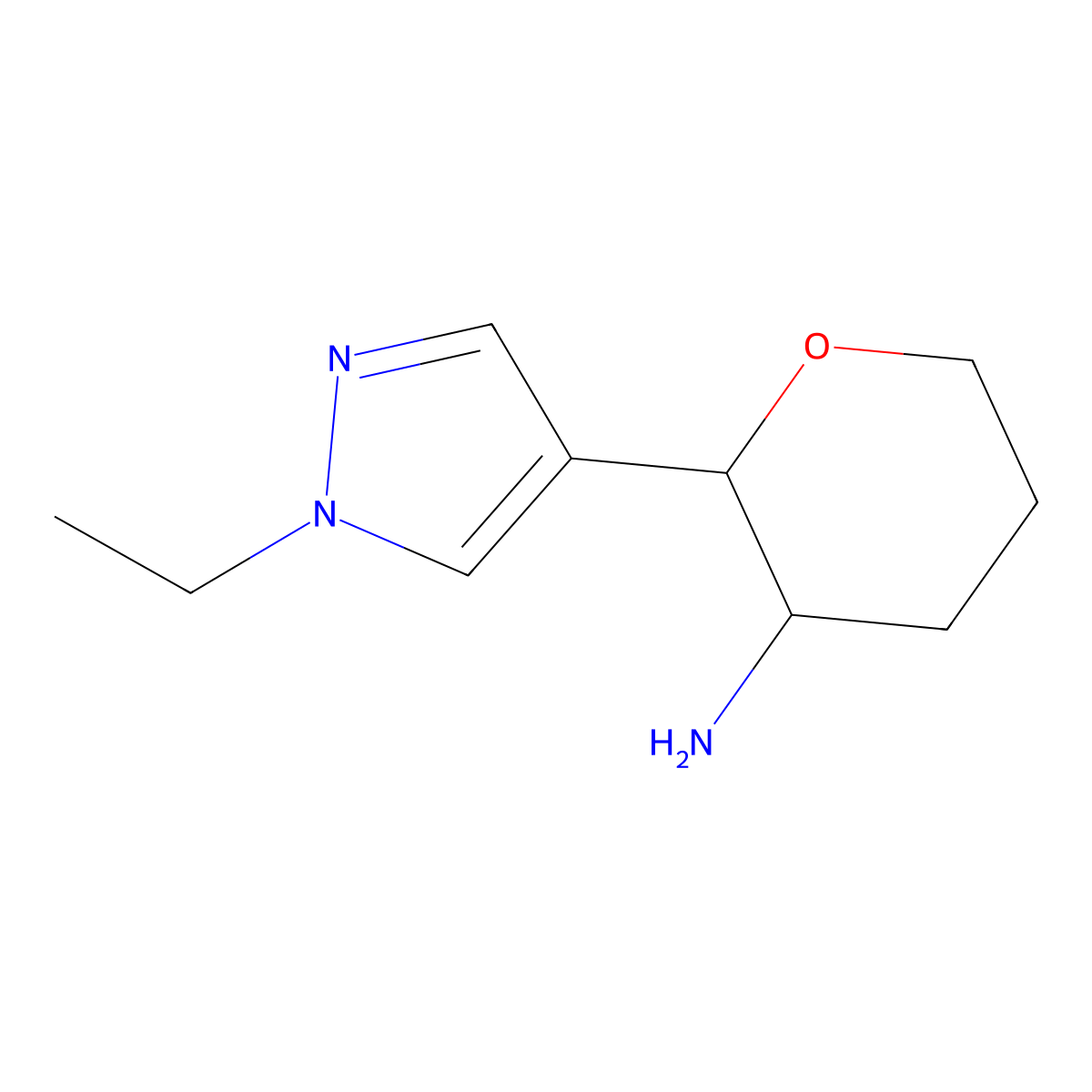rac-(2R,3S)-2-(1-ethyl-1H-pyrazol-4-yl)oxan-3-amine molecular structure, CAS 1808069-30-8