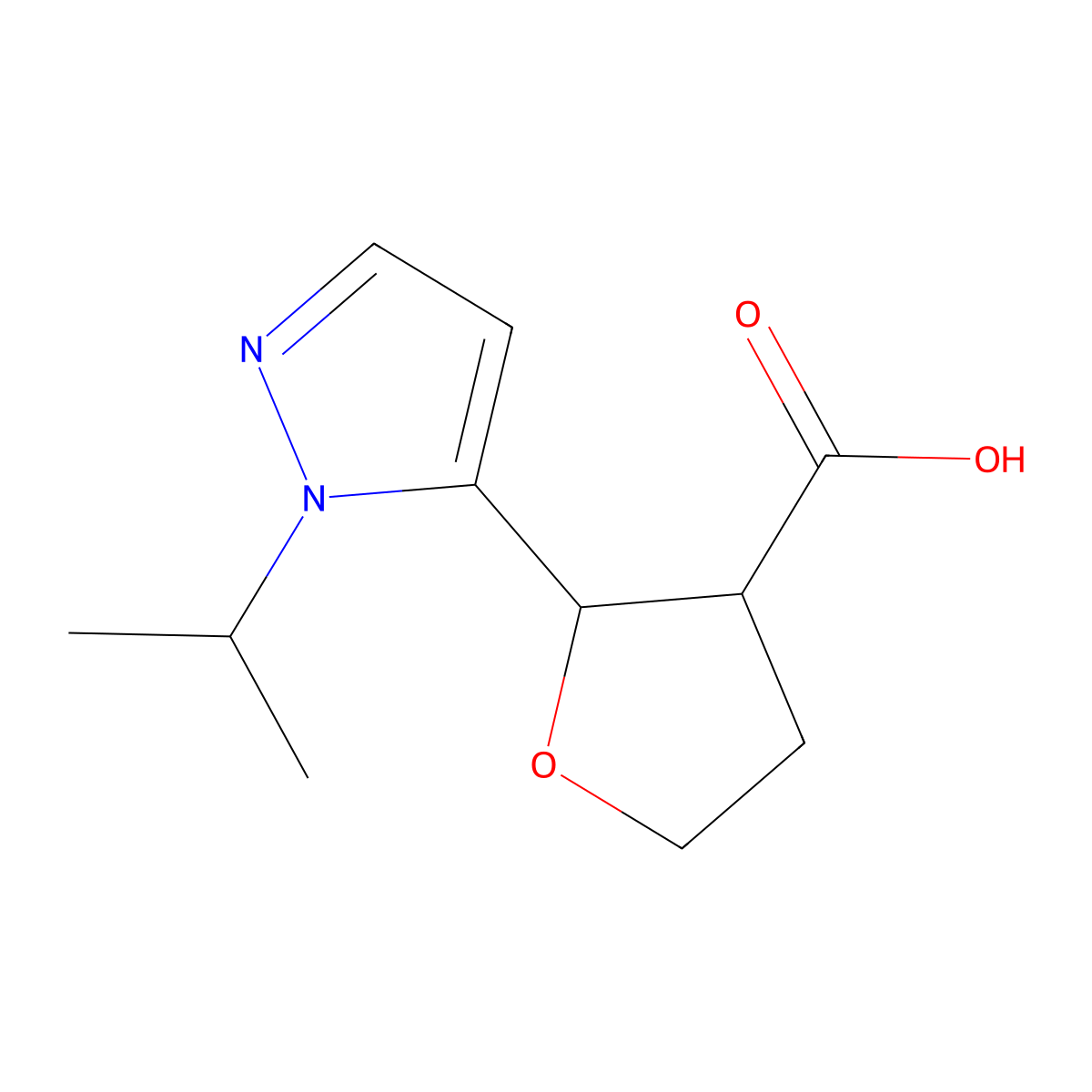 Rac-(2R,3R)-2-[1-(propan-2-yl)-1H-pyrazol-5-yl]oxolane-3-carboxylic acid molecular structure, CAS 1808069-39-7