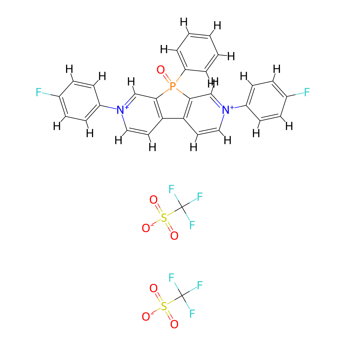 5,11-Bis(4-fluorophenyl)-8-oxo-8-phenyl-5lambda5,11lambda5-diaza-8lambda5-phosphatricyclo[7.4.0.0,2,7]trideca-1(13),2,4,6,9,11-hexaene-5,11-bis(ylium)ditrifluoromethanesulfonate molecular structure, CAS 1808105-24-9