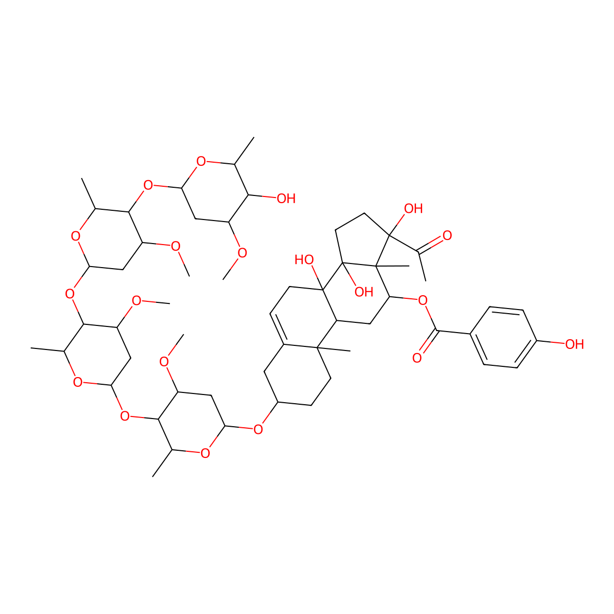 [(3S,8S,9R,10R,12R,13S,14R,17S)-17-acetyl-8,14,17-trihydroxy-3-[(2R,4S,5R,6R)-5-[(2S,4S,5R,6R)-5-[(2S,4R,5R,6R)-5-[(2S,4R,5S,6S)-5-hydroxy-4-methoxy-6-methyloxan-2-yl]oxy-4-methoxy-6-methyloxan-2-yl]oxy-4-methoxy-6-methyloxan-2-yl]oxy-4-methoxy-6-methyloxan-2-yl]oxy-10,13-dimethyl-1,2,3,4,7,9,11,12,15,16-decahydrocyclopenta[a]phenanthren-12-yl] 4-hydroxybenzoate molecular structure, CAS 1808159-02-5