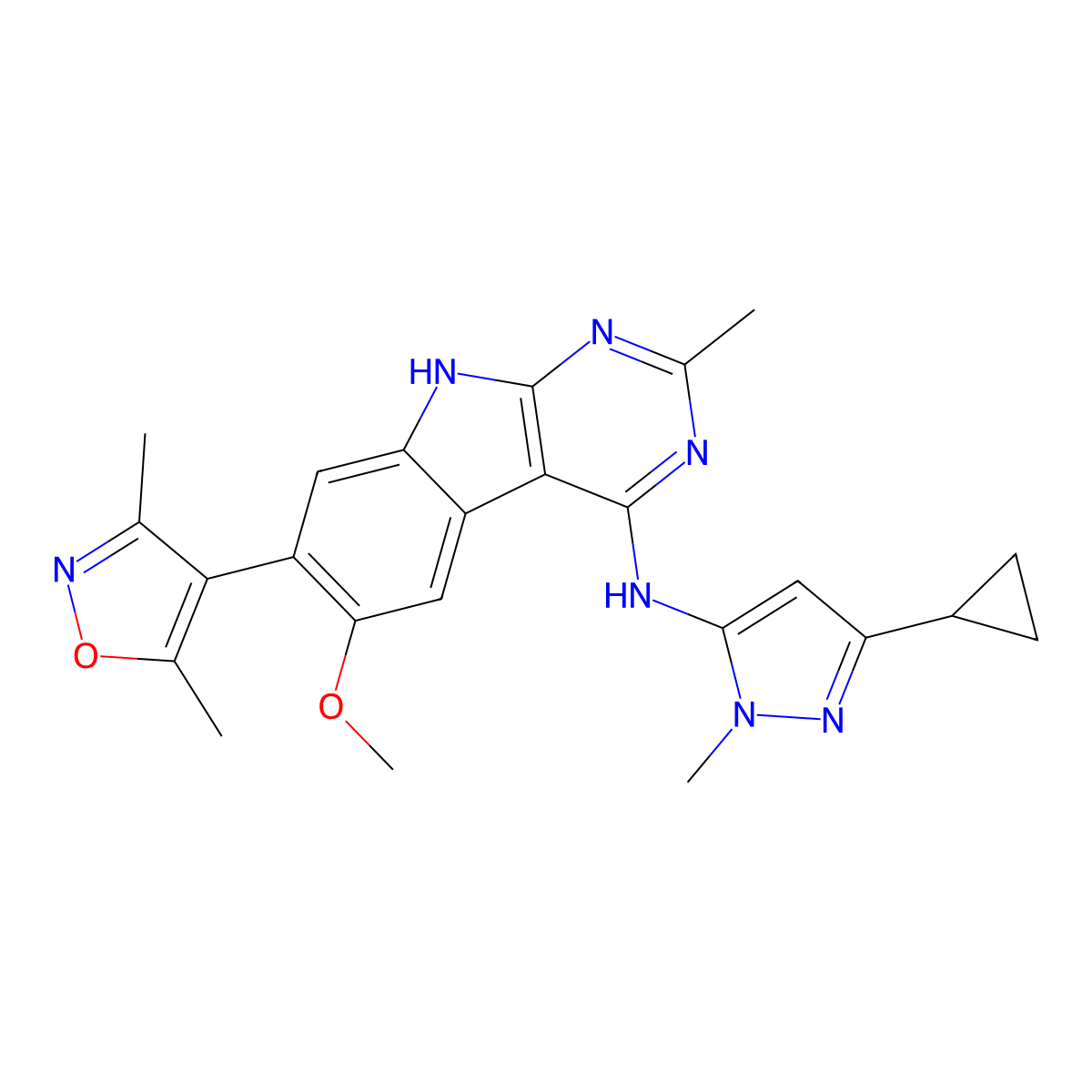 N-(3-Cyclopropyl-1-methyl-1H-pyrazol-5-yl)-7-(3,5-dimethylisoxazol-4-yl)-6-methoxy-2-methyl-9H-pyrimido(4,5-b)indol-4-amine molecular structure, CAS 1808160-52-2