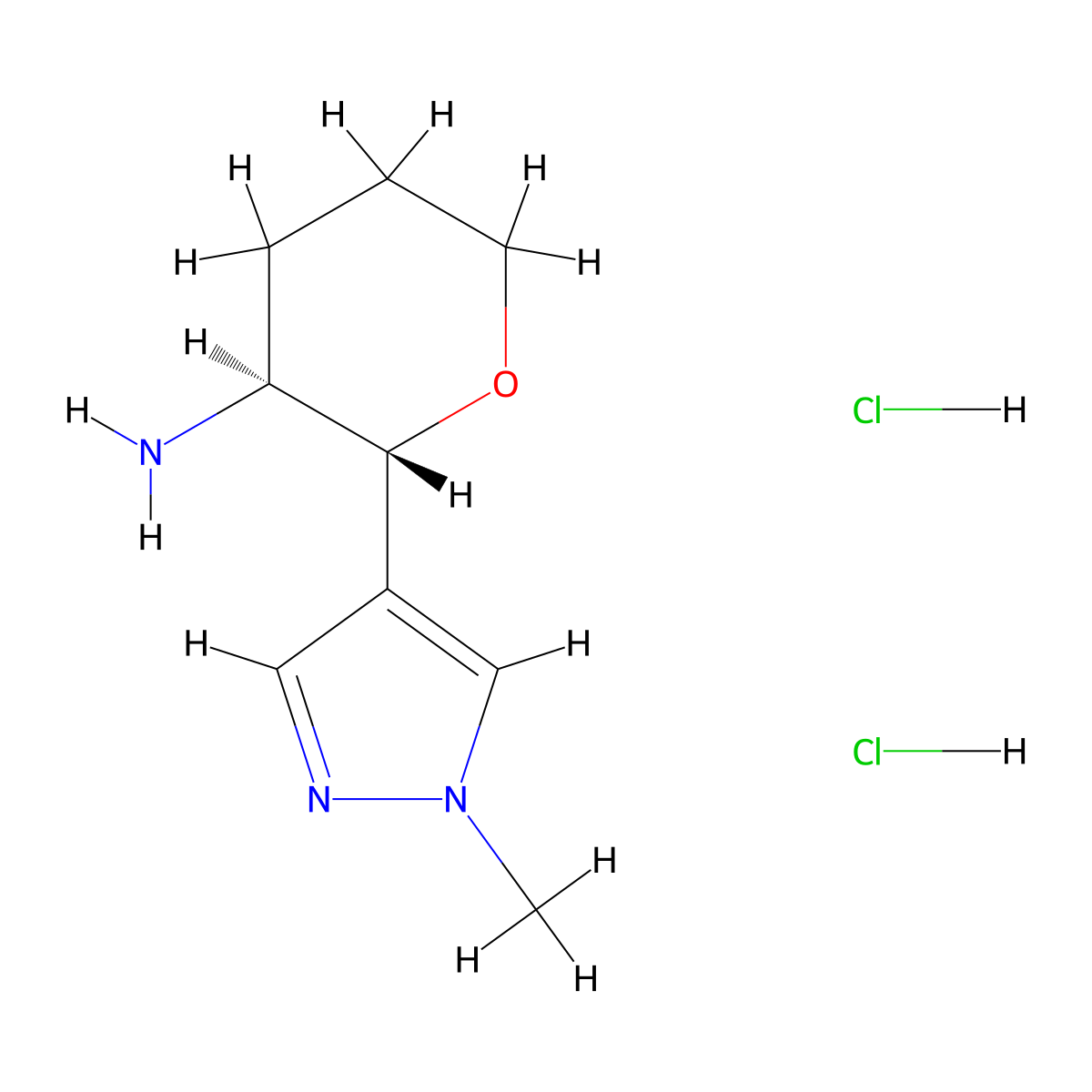 (2R,3S)-2-(1-methyl-1H-pyrazol-4-yl)oxan-3-amine dihydrochloride molecular structure, CAS 1808333-20-1