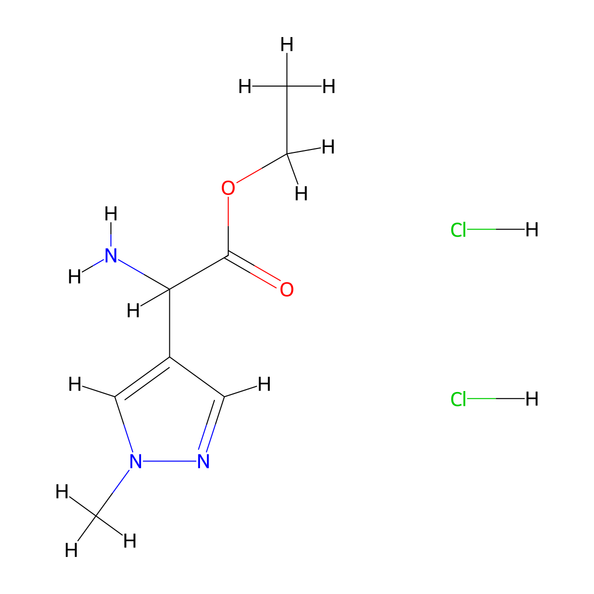 ethyl 2-amino-2-(1-methyl-1H-pyrazol-4-yl)acetate dihydrochloride molecular structure, CAS 1808356-13-9