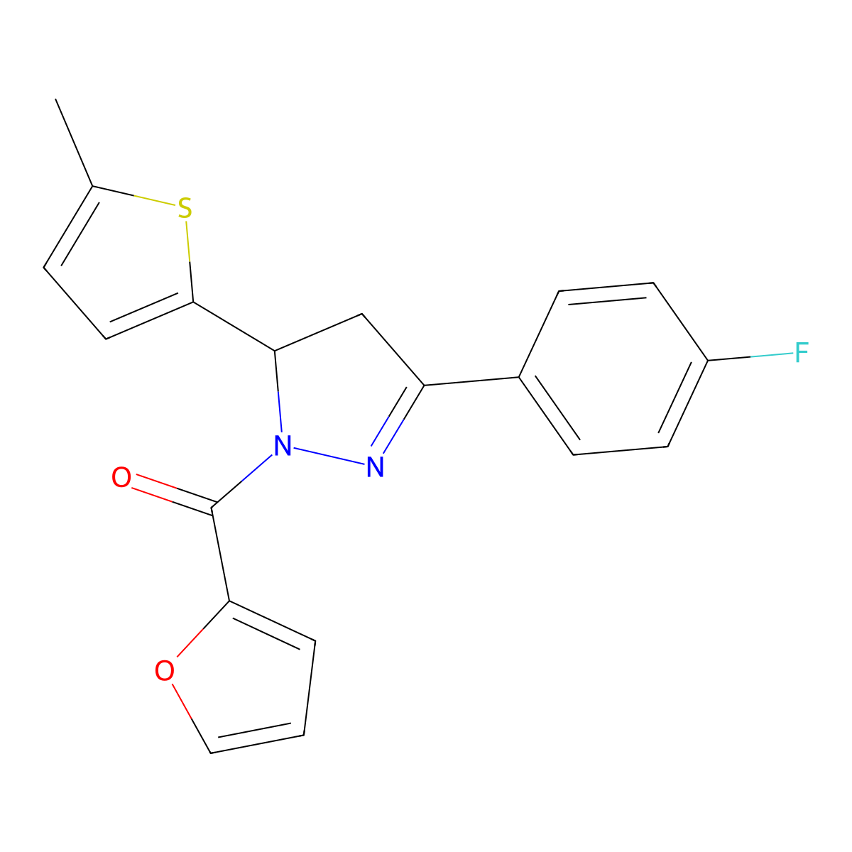 (3-(4-fluorophenyl)-5-(5-methylthiophen-2-yl)-4,5-dihydro-1H-pyrazol-1-yl)(furan-2-yl)methanone molecular structure, CAS 1808404-19-4