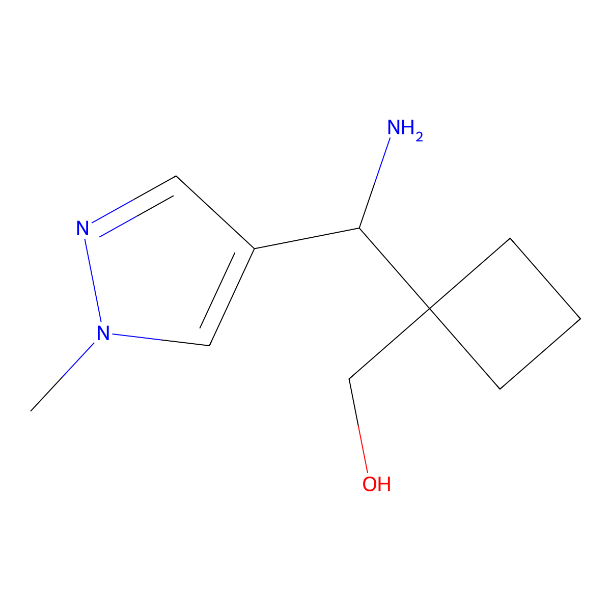 {1-[amino(1-methyl-1H-pyrazol-4-yl)methyl]cyclobutyl}methanol molecular structure, CAS 1808436-97-6