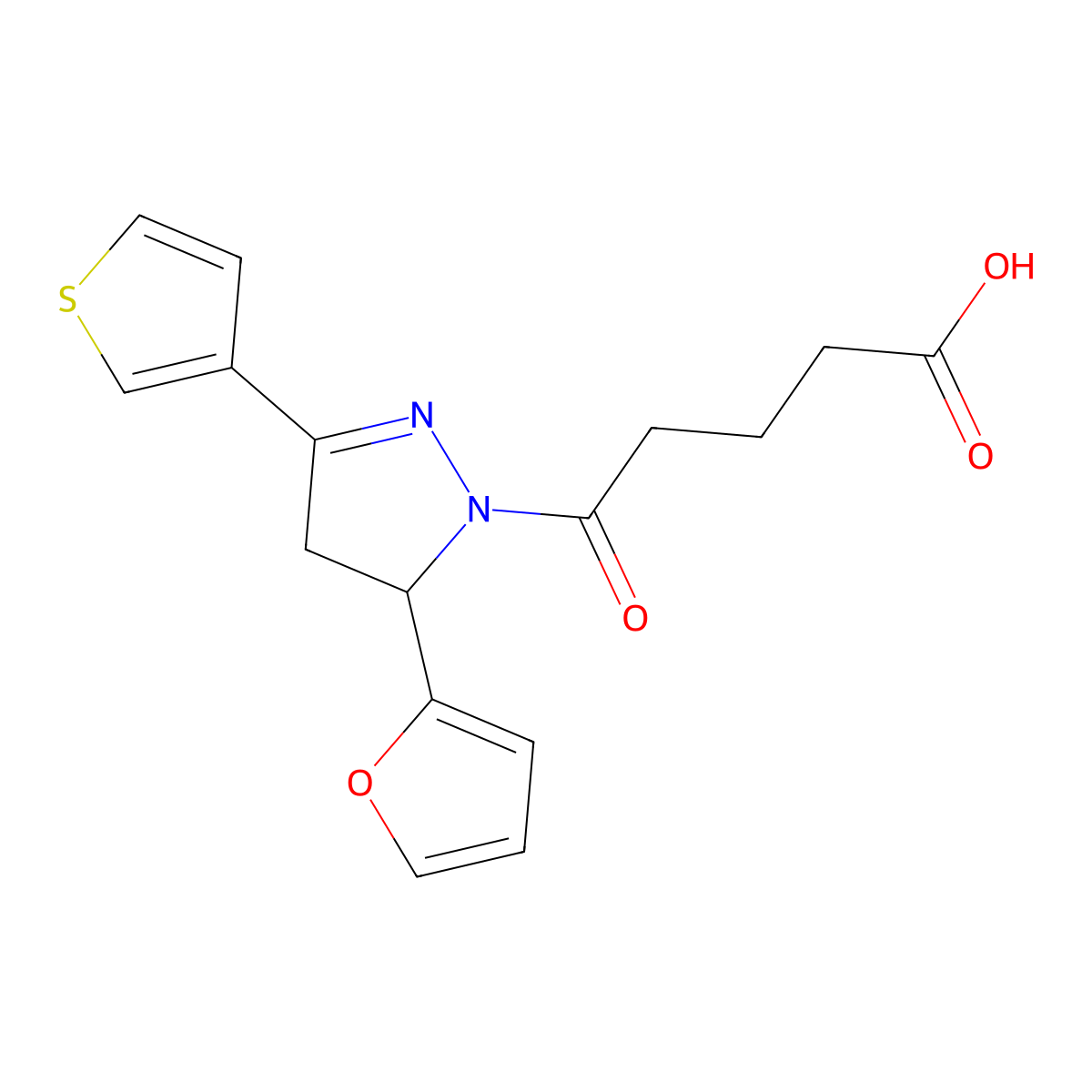 5-[5-(furan-2-yl)-3-(thiophen-3-yl)-4,5-dihydro-1H-pyrazol-1-yl]-5-oxopentanoic acid molecular structure, CAS 1808494-69-0